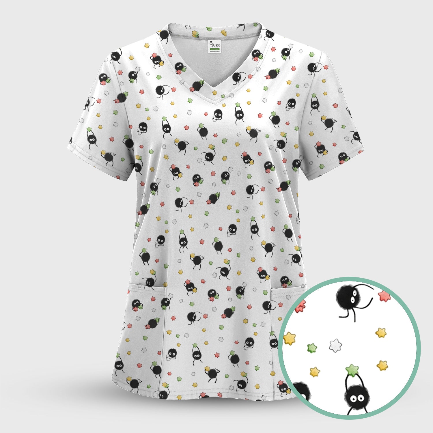 Funny Spider Pattern Pattern Pattern Scrub Top, Cartoon Spider Pattern Nursing Uniform For Women