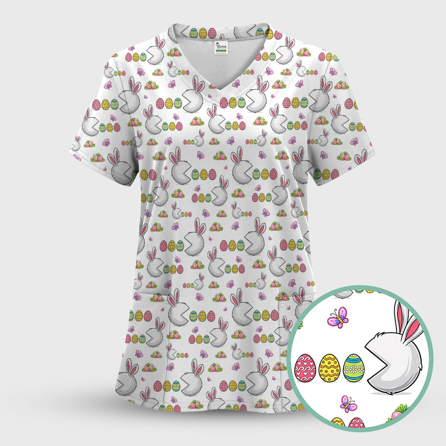 Easter Bunny and Colorful Eggs Print Scrub Top, Breathable Fabrics Nursing Uniform