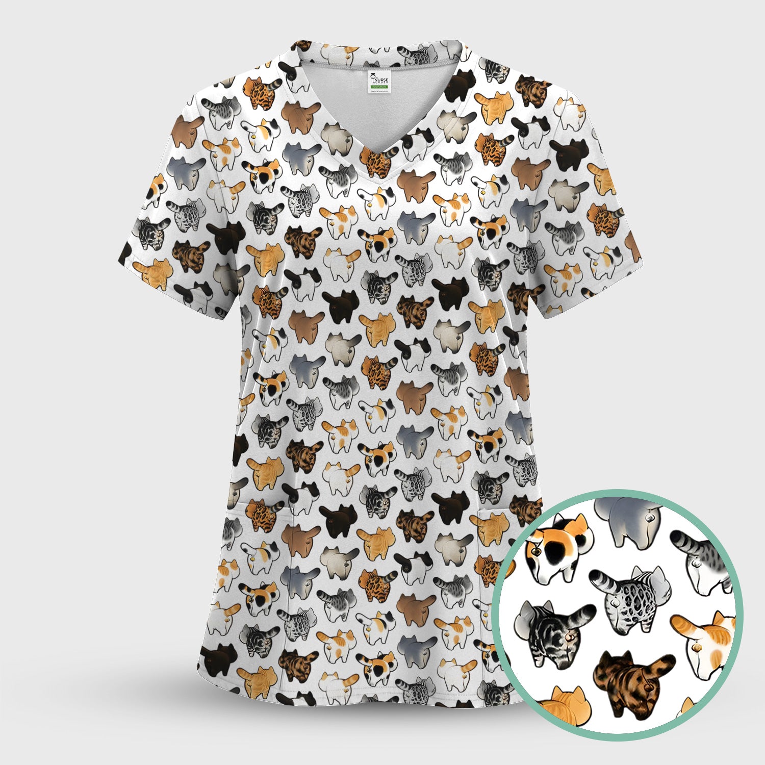 Cat Butt Pattern Medical Scrub Top, Breathable Fabrics Nursing Uniform