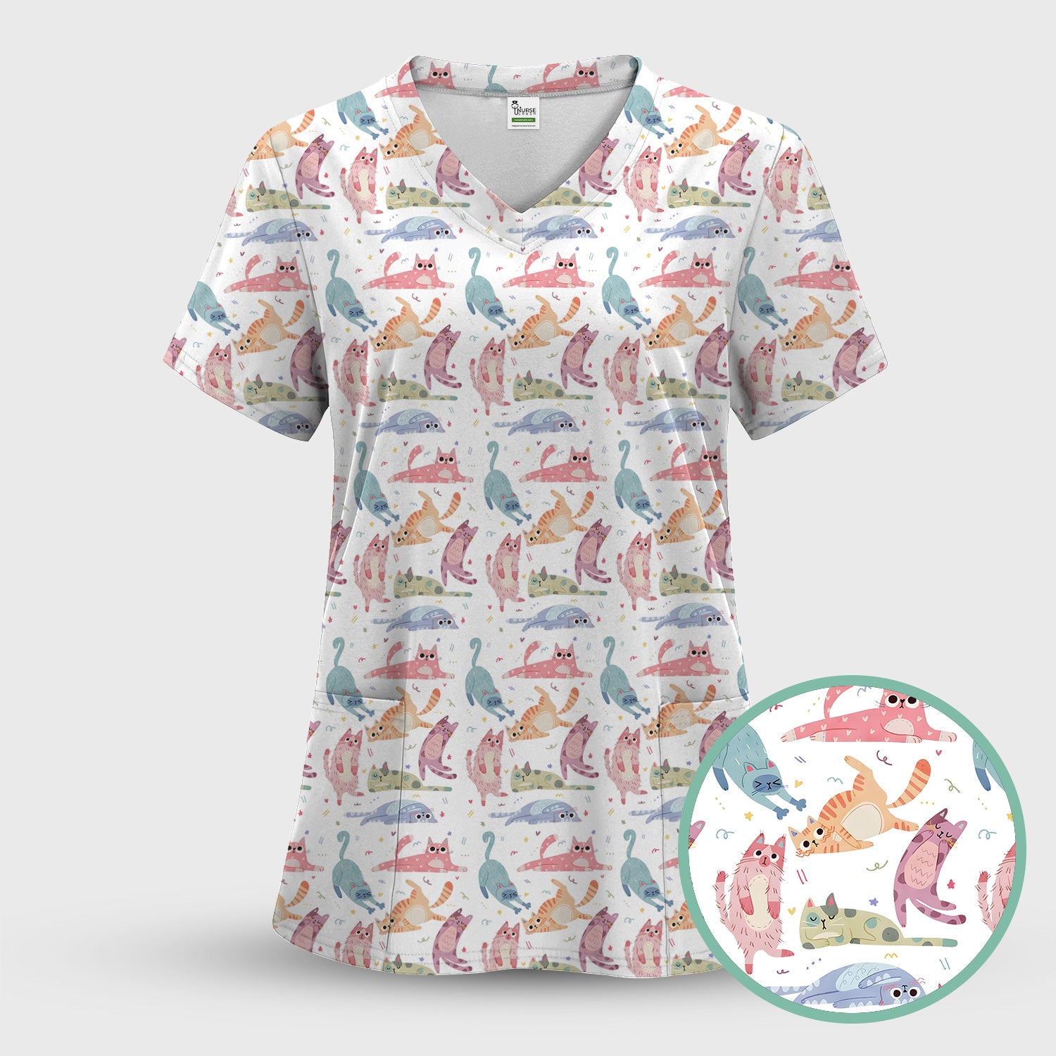 Funny Pastel Cat Pattern Medical Scrub Top, Breathable Fabrics Nursing Uniform