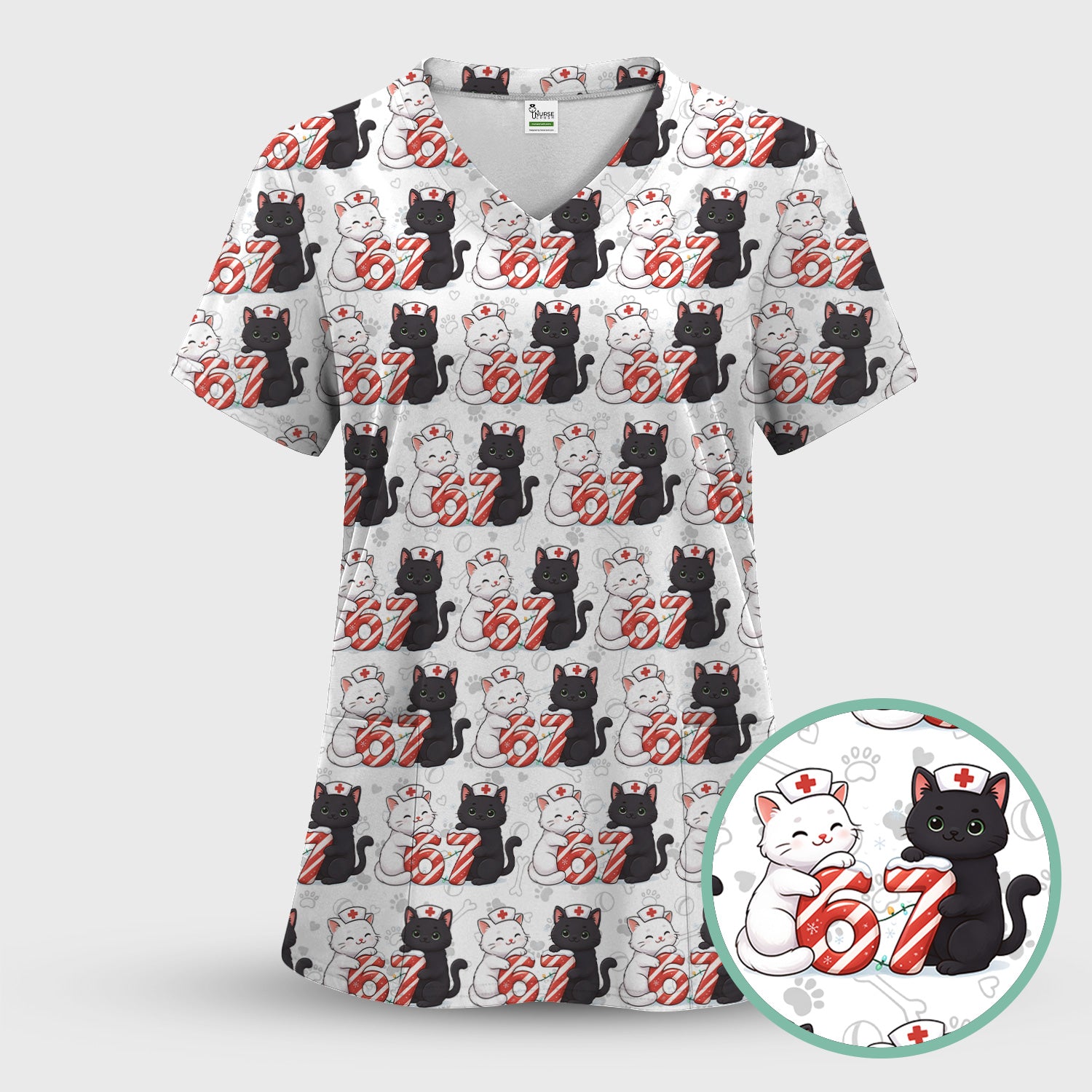 Xmas Cat Pattern Scrub Top, Christmas Nurse Six Seven With Cat Scrub Shirt, Breathable Fabrics Nursing Uniform