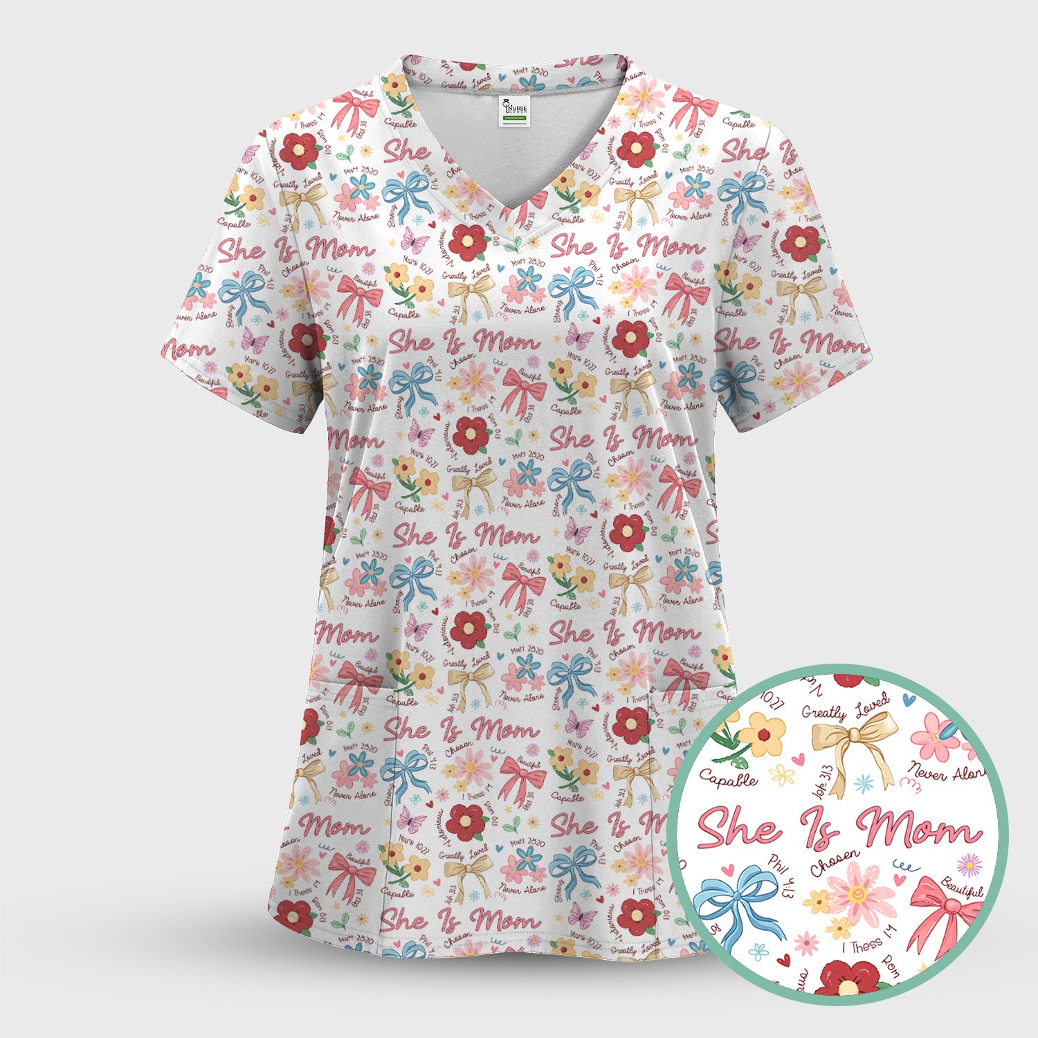 She Is Mom Floral Bow Pattern Scrub Top, Comfortable Scrubs for Nurses