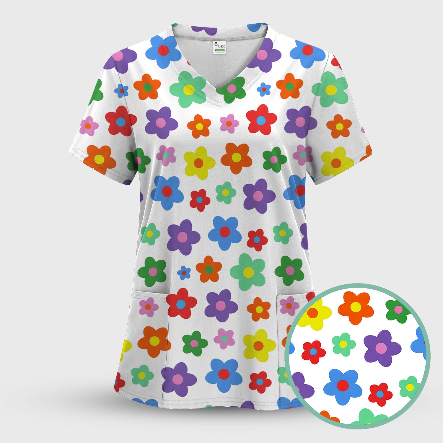 Colorful Retro Flower Pattern Print Scrub Top, Breathable Fabrics Nursing Uniform