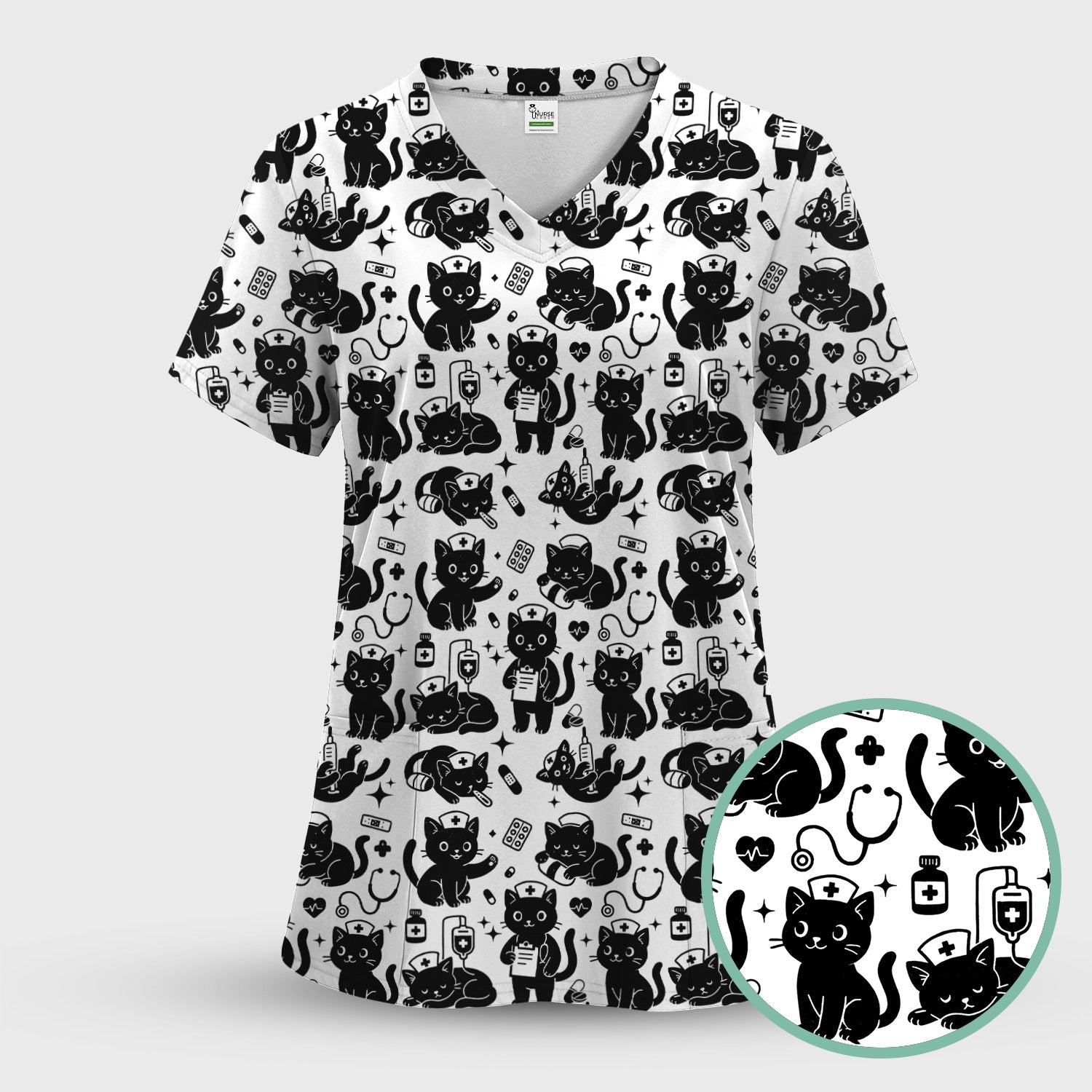 Cute Black Cat Nurse Pattern Scrub Top, Breathable Fabrics Nursing Uniform