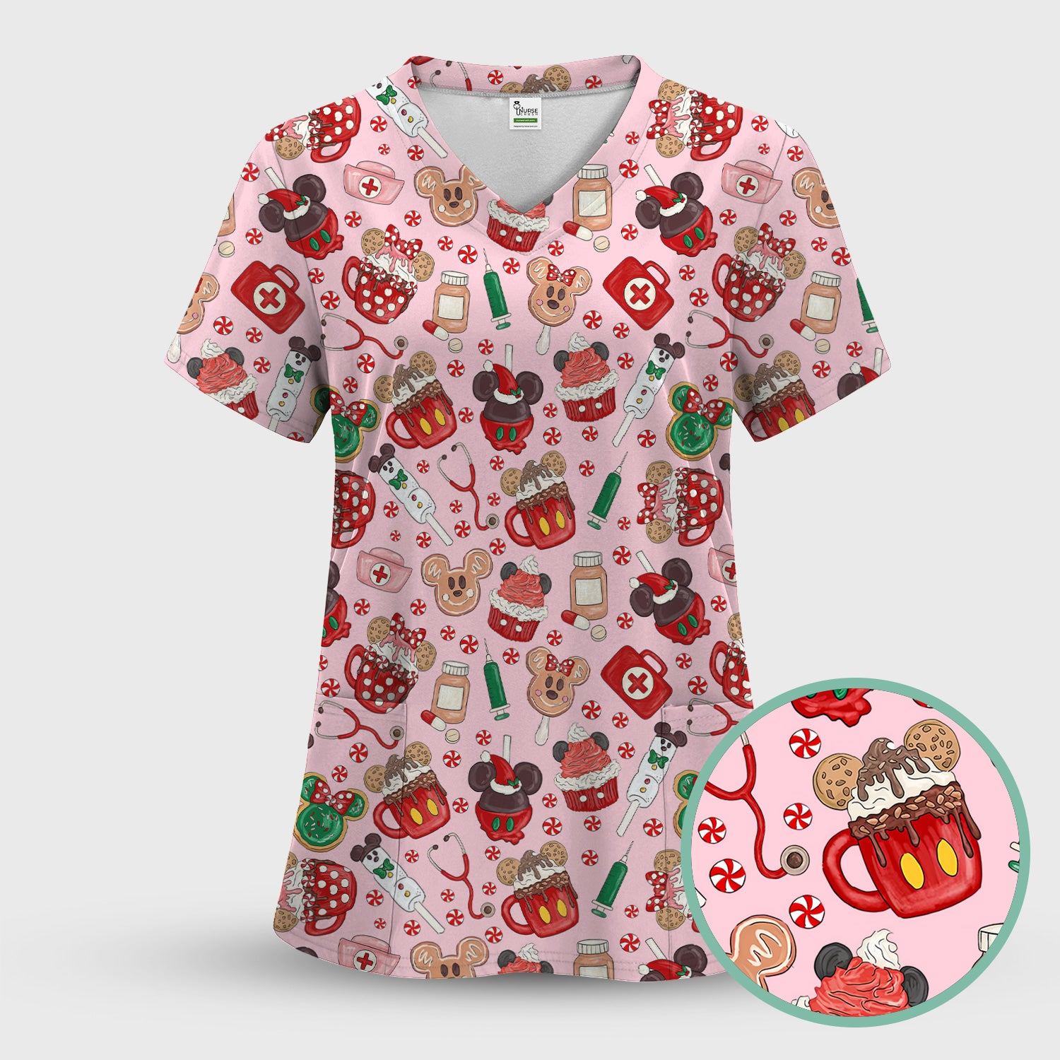 Gingerbread Christmas Comfortable Scrub Set for Nurses - Funny Cookies Candy Cupcake Pants and V Neck Top - Holiday Med Uniform