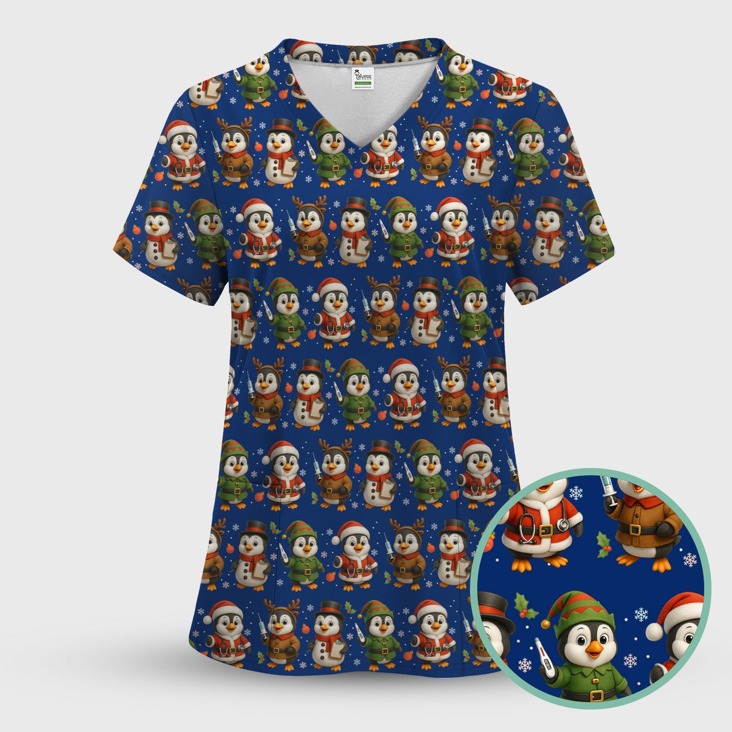 Cute Christmas Penguin Scrubs - Festive Pattern Scrub Top for Women - Cozy Holiday Scrubs Perfect for Nurse Gift Season