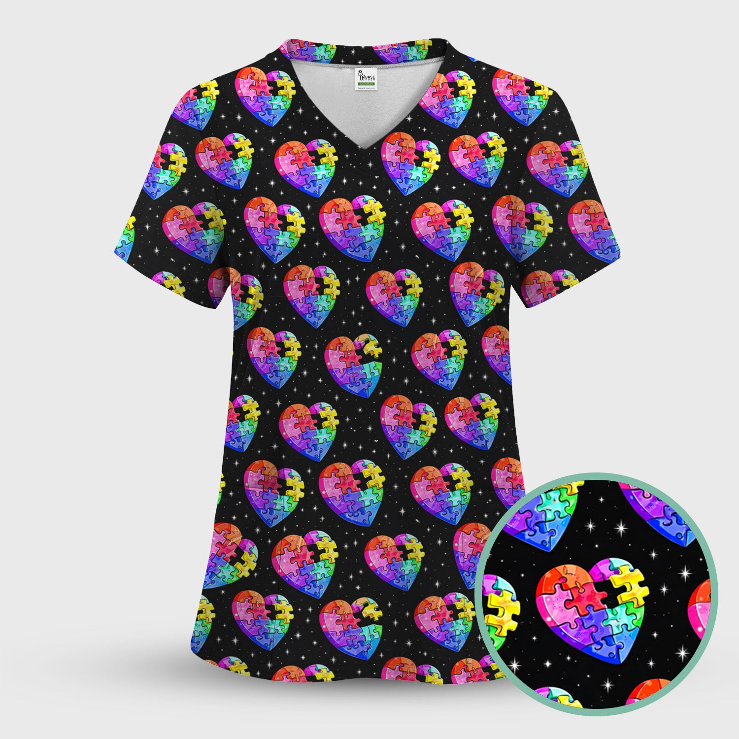 Rainbow Autism Puzzle Heart Pattern Scrub Top, Starry Sky Medical Uniform for Nurses