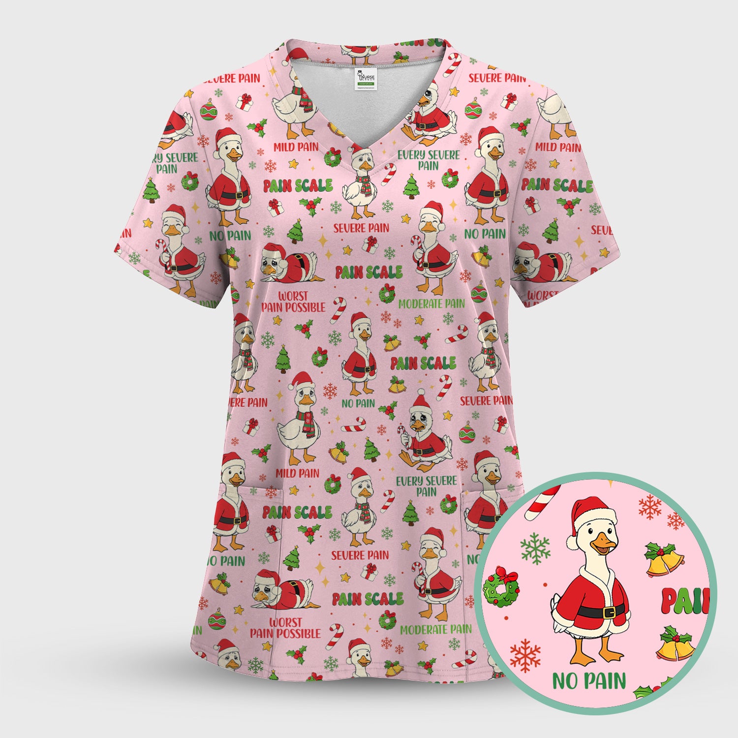 Funny Goose Christmas Scrub Top - Pain Scale Nurse Pattern Shirt - Cute Holiday Medical Scrubs for Women