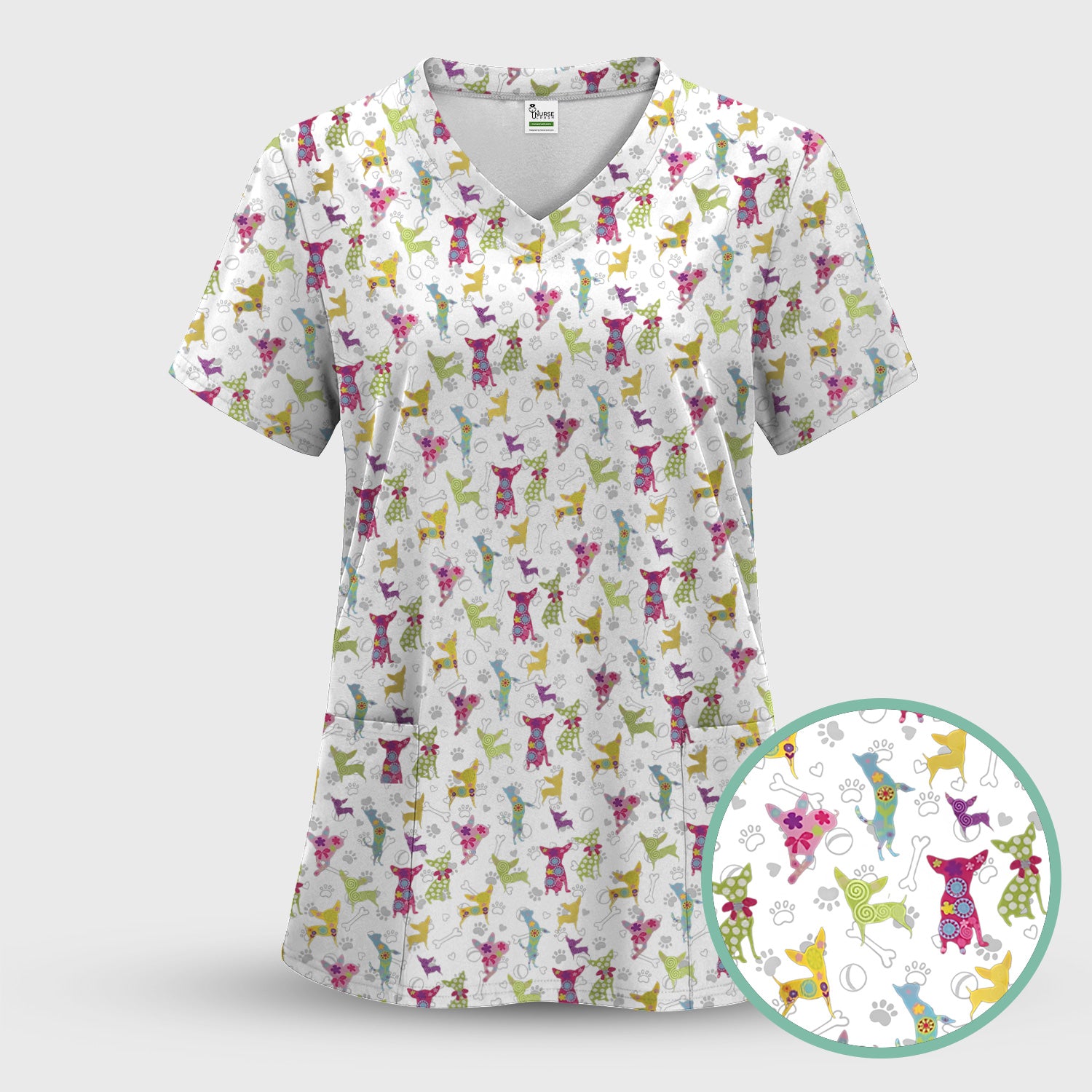 Colorful Playful Dog Print Nurse Scrub Top, Comfortable Scrubs for Nurses