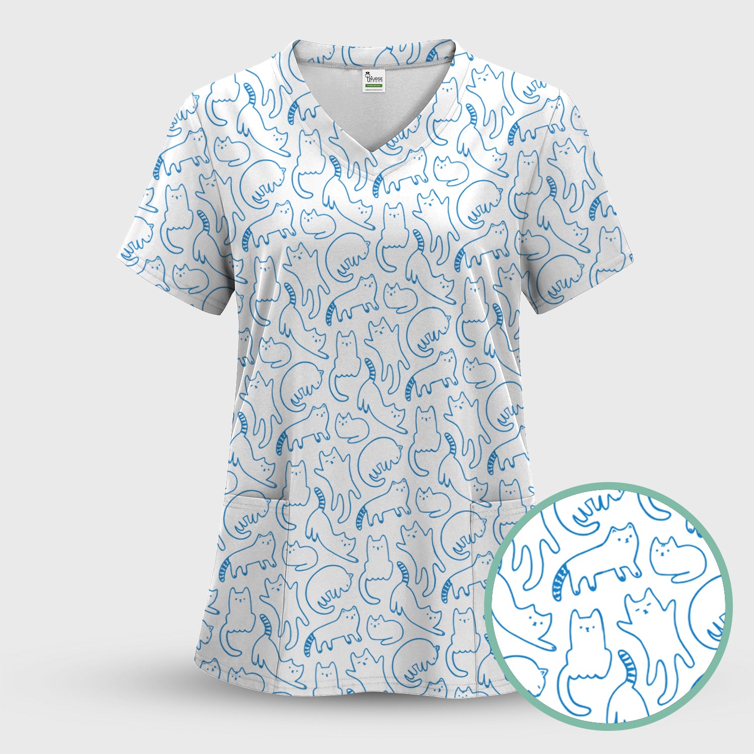 Artistic Cat Pattern Medical Scrub Top, Breathable Fabrics Nursing Uniform