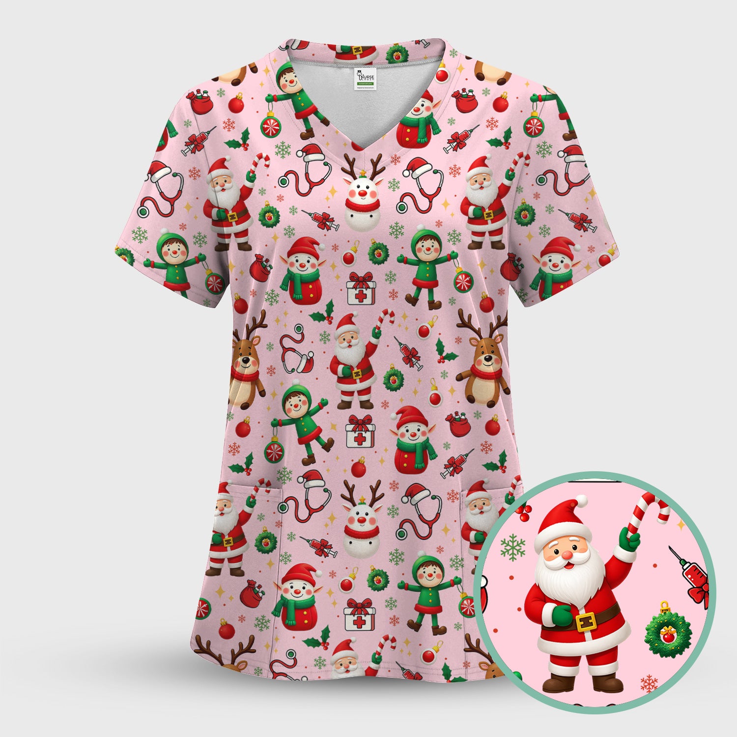 Santa Christmas Scrub Set - Cute Reindeer Scrubs Pants and V Neck Top - Festive Holiday Med Uniform for Women