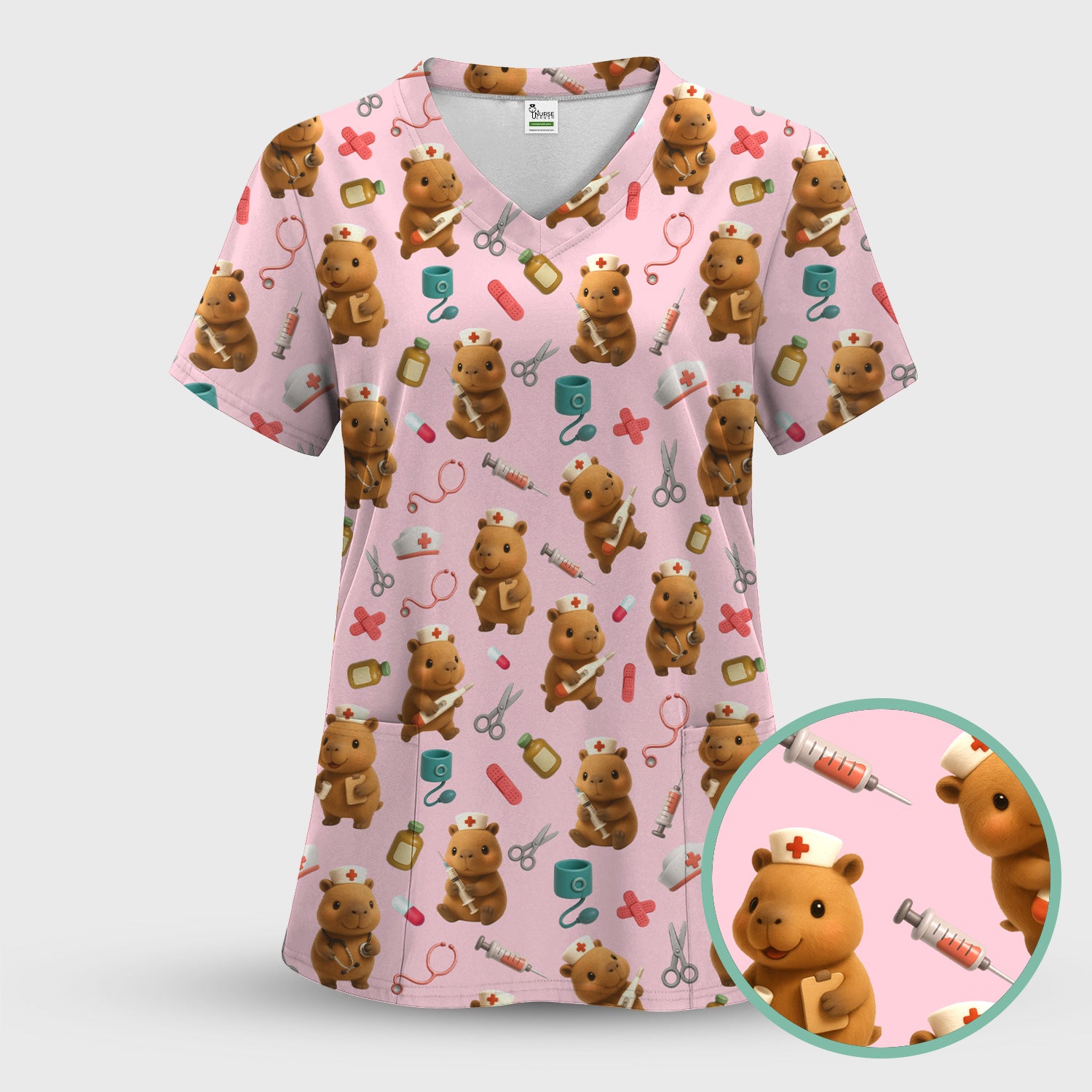 Cute Bear Nurse Scrub Top - Adorable Medical Pattern Shirt - Funny Animal Scrubs for Women Healthcare Workers