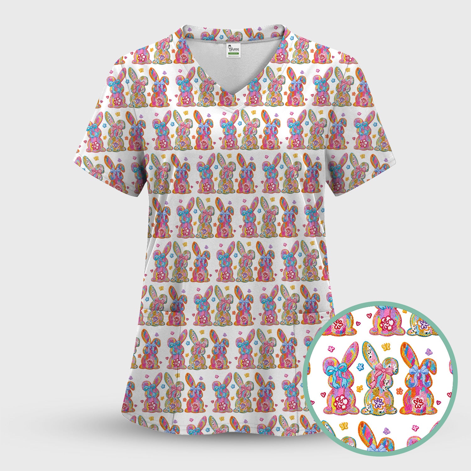 Cute Pastel Bunny Floral Pattern Scrub Top, Comfortable Scrubs for Nurses, Easter