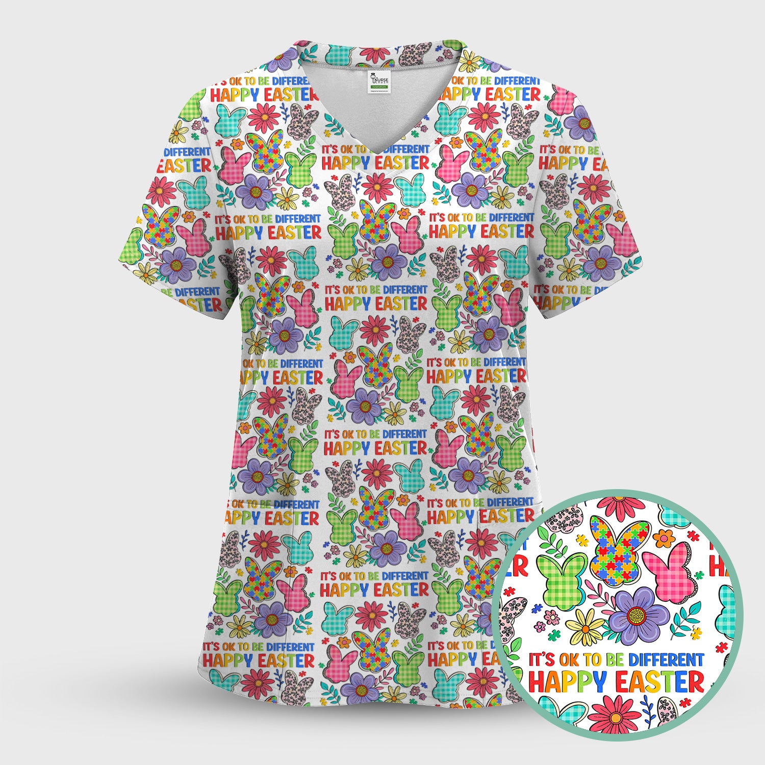 Happy Easter Bunny Floral Print Scrub Top, Breathable Fabrics Nursing Uniform