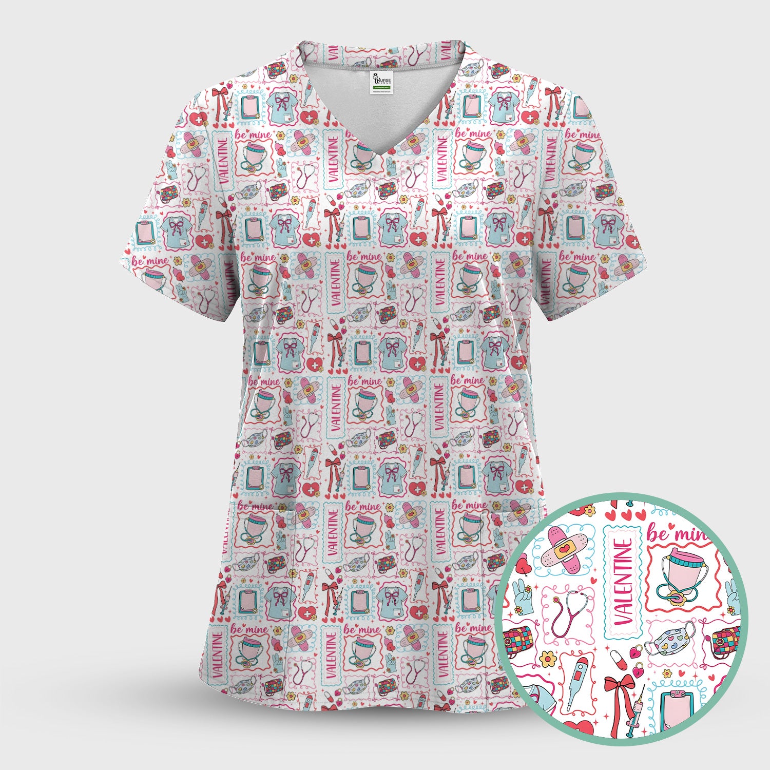 Valentine Medical Hearts Bandages Syringes Scrub Top, Comfortable Scrubs for Nurses