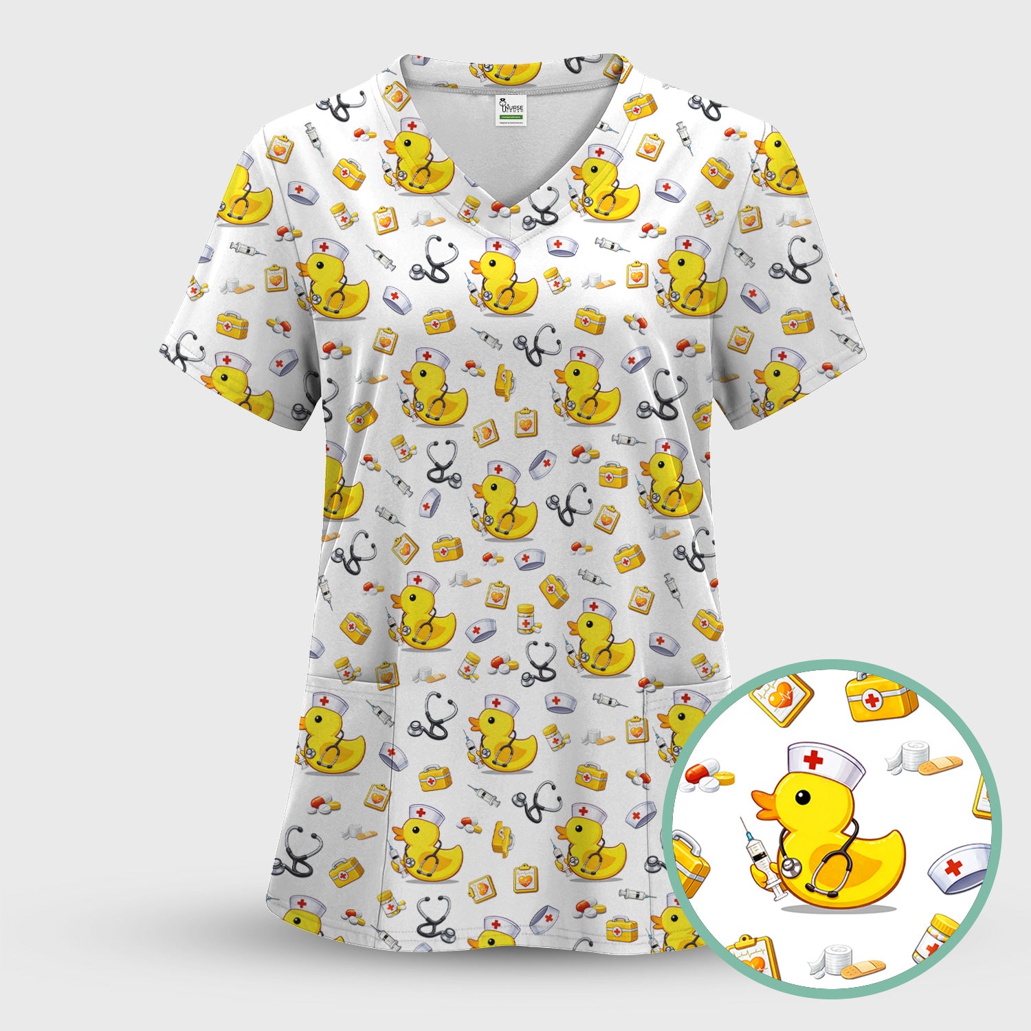 Playful Medical Duck Print Nurse Scrub Top, Comfortable Scrubs for Nurses
