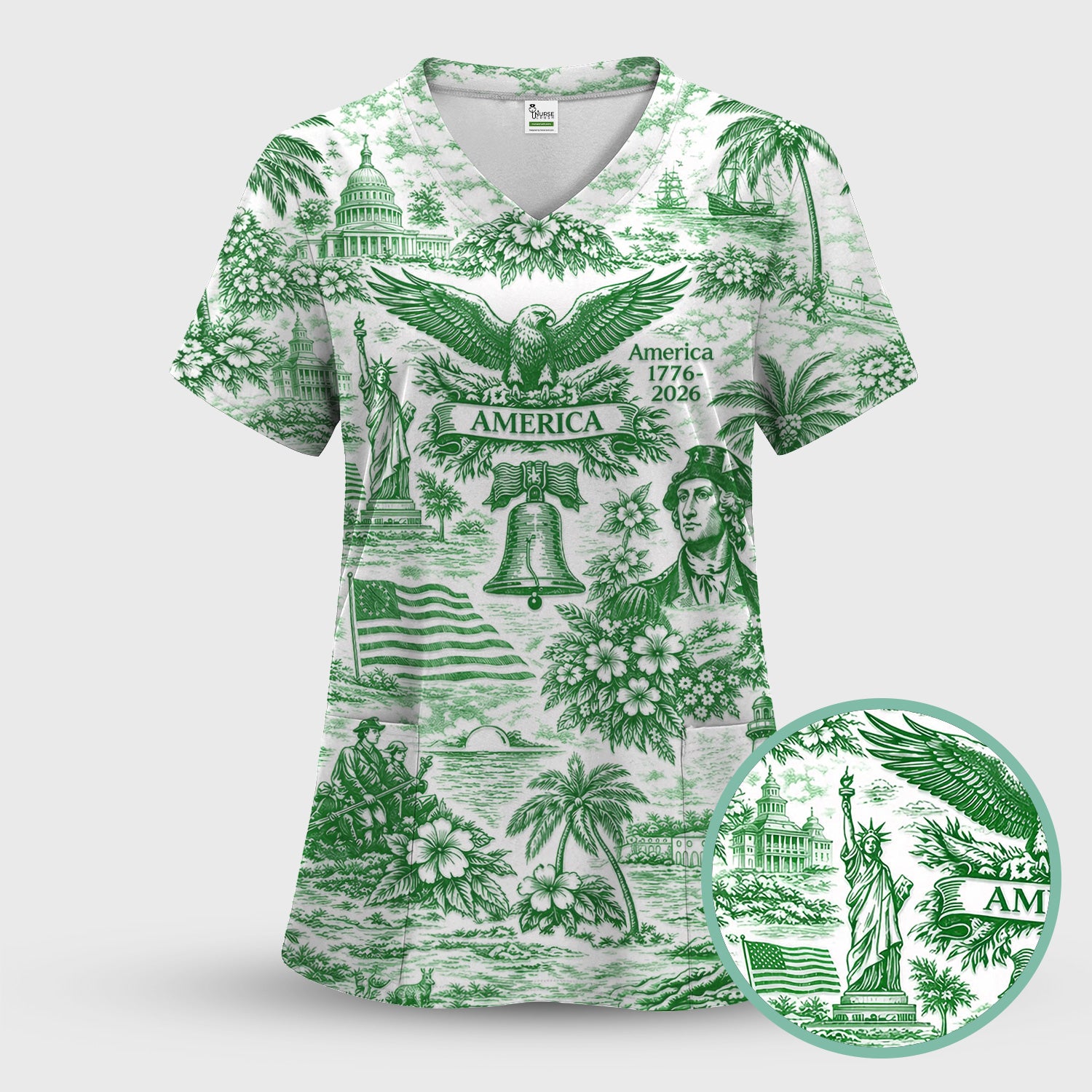 Patriotic America Heritage Toile Pattern Scrub Top, Breathable Fabrics Nursing Uniform