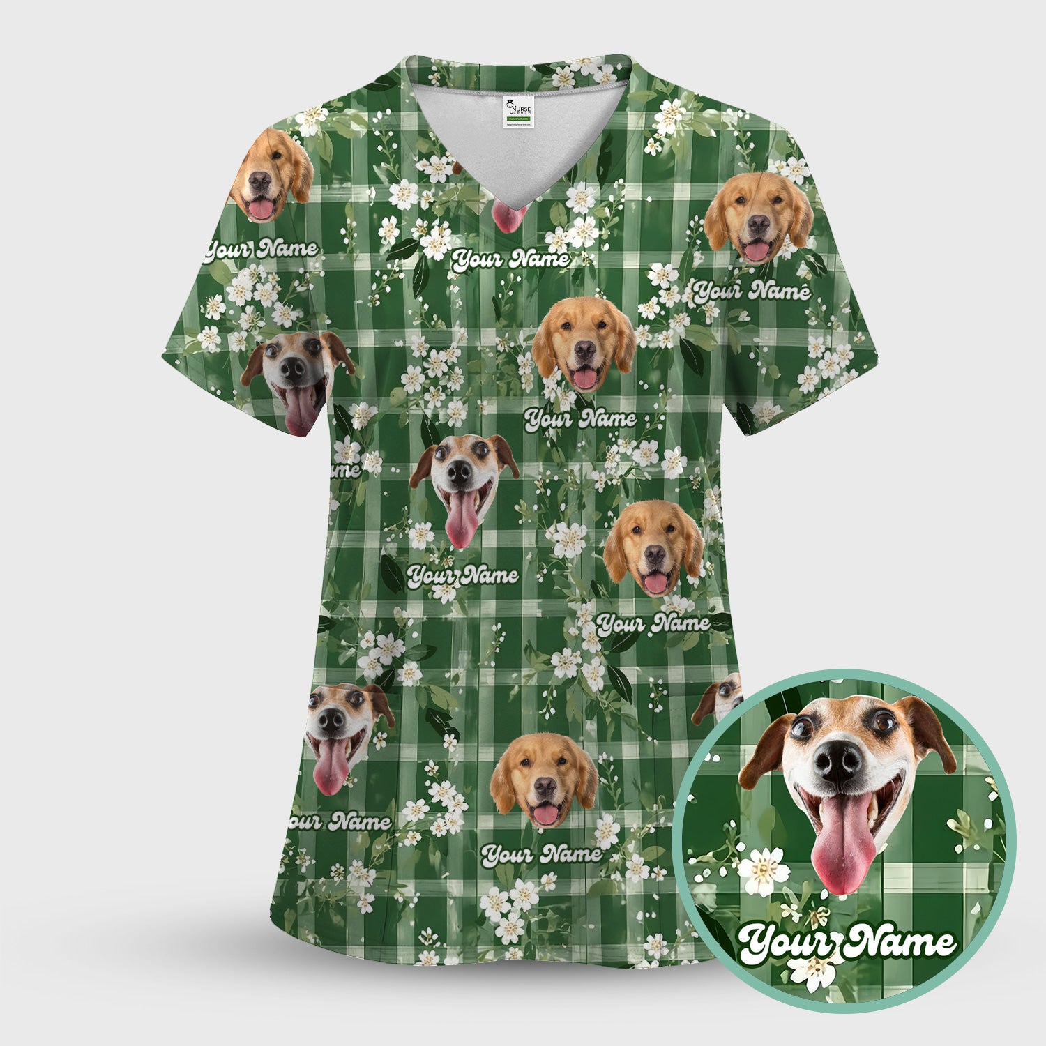 Custom Dog Face Scrub Top, Dog Green Plaid Floral Pattern Shirt, Comfortable Scrubs for Nurses
