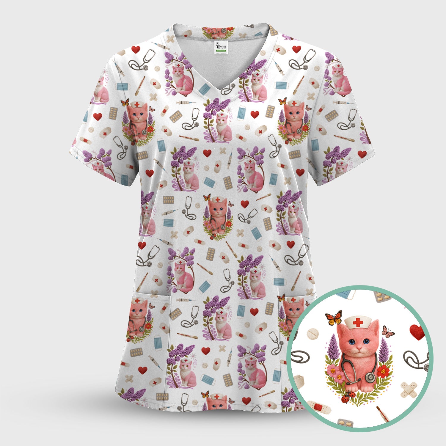 Pink Cat Print Medical Scrub Top - Cute Nurse Shirt for Women - Funny Pattern Gift for RN LPN CNA Healthcare Workers