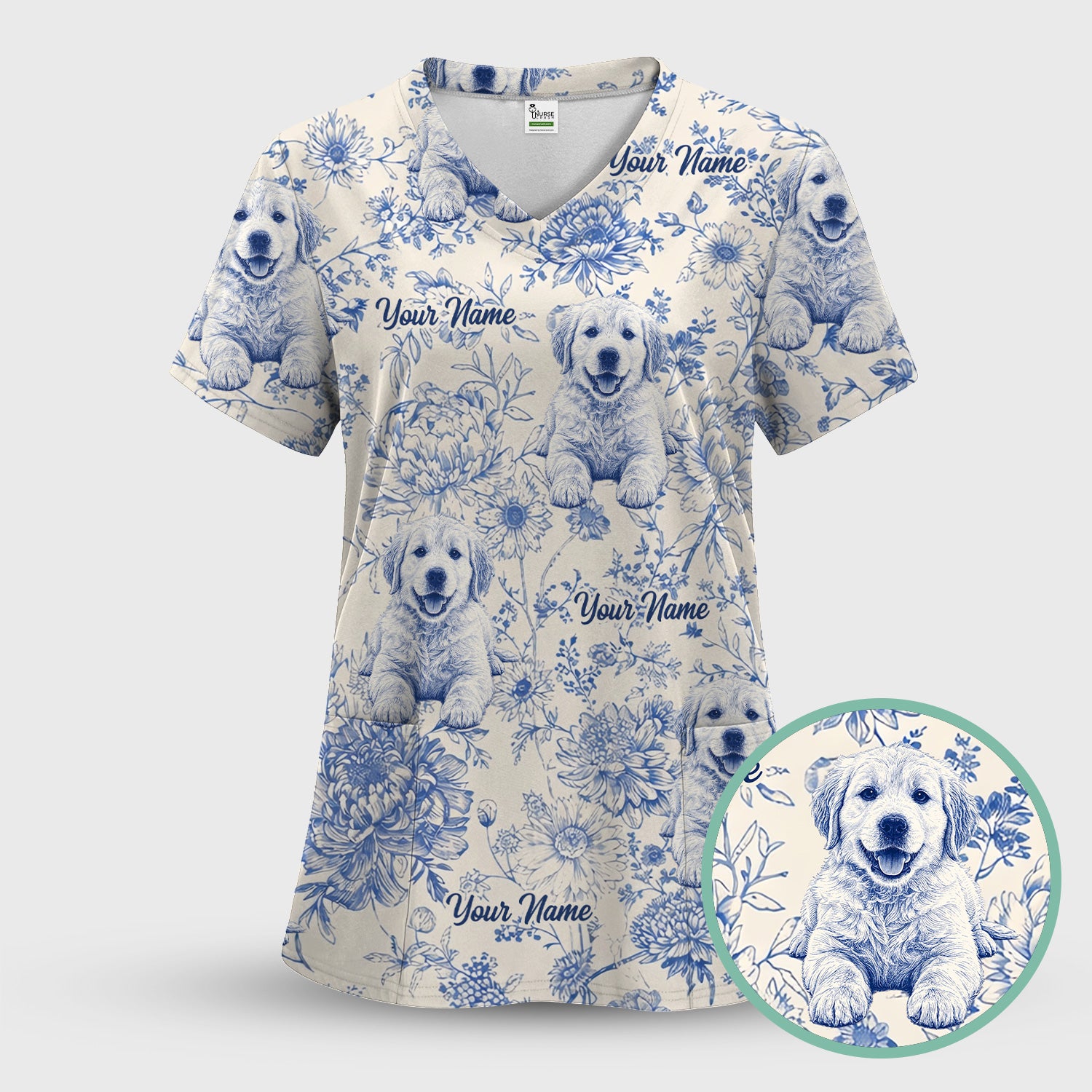 Personalized Custom Pet Photo Name Floral Pattern Scrub Top, Breathable Fabrics Nursing Uniform