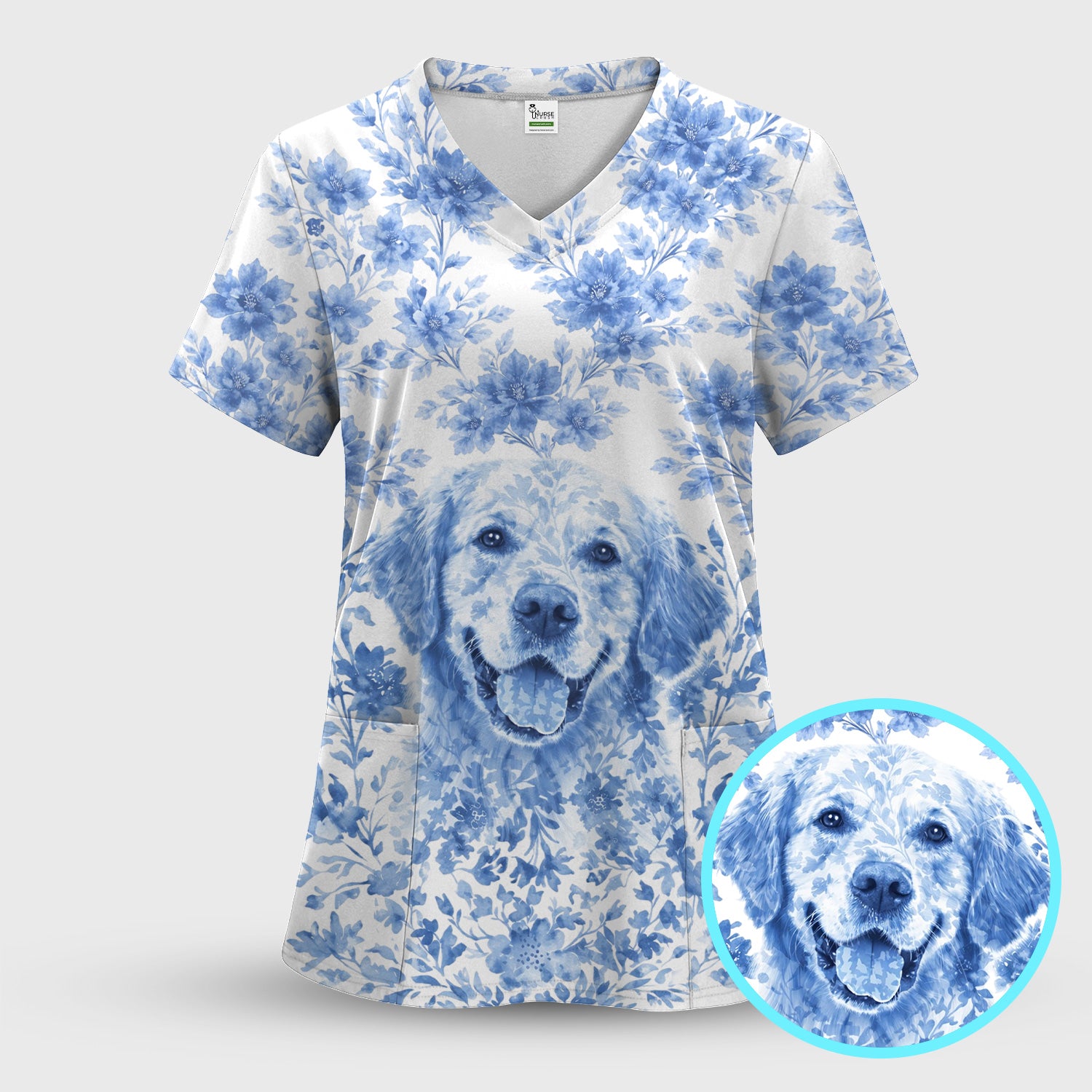 Personalized Pet Photo Floral Scrub Top, Breathable Fabrics Nursing Uniform