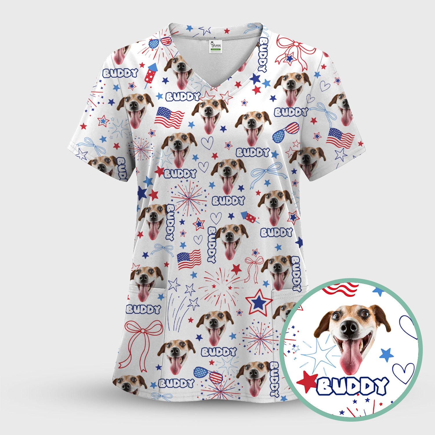 Personalized Patriotic Dog Face Name Pattern Scrub Set, Scrub Pants and V Neck Top