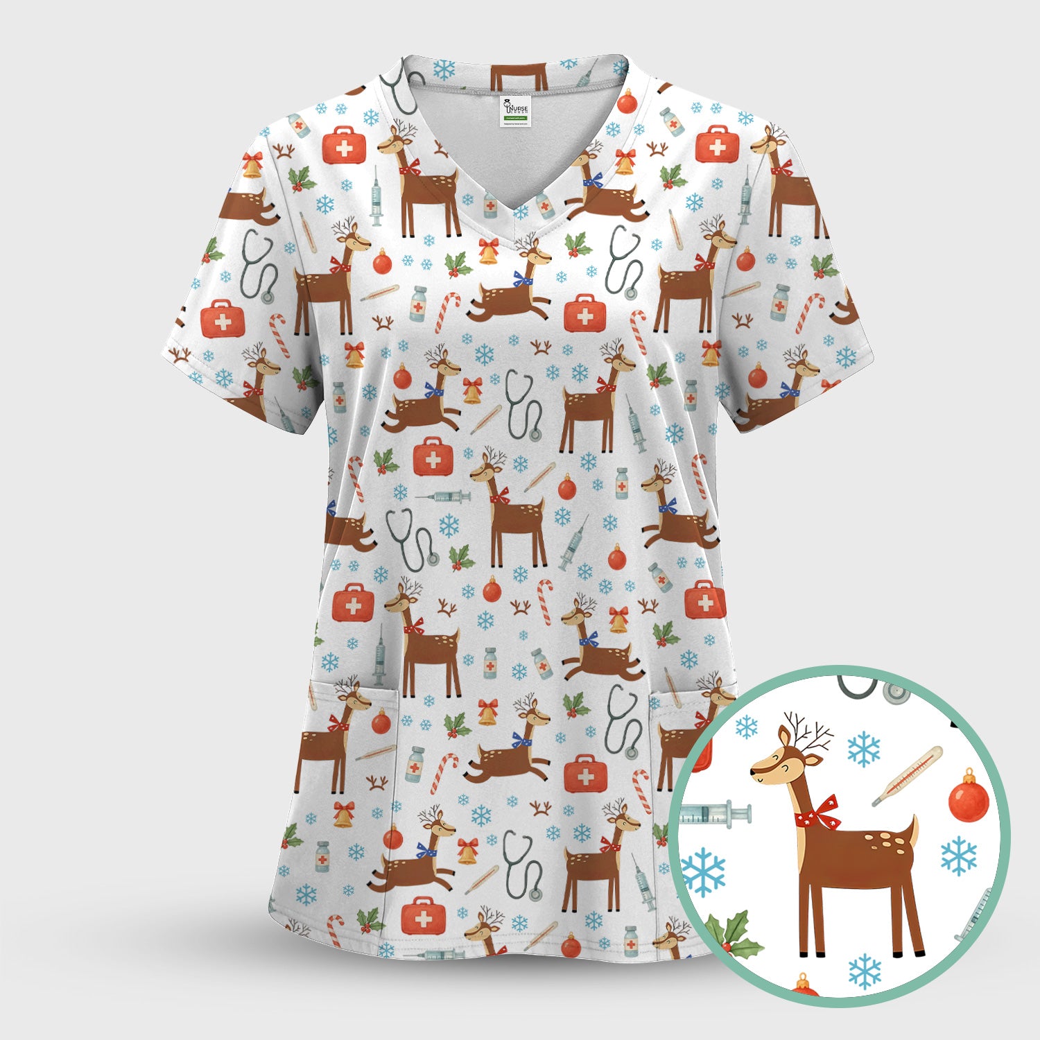 Christmas Reindeer Scrub Set for Nurses - Cute Reindeers Snowflakes Candy Canes - Comfortable Med Uniform