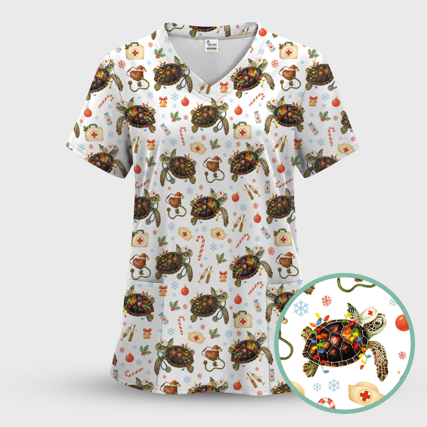 Funny Christmas Scrub Top - Sea Turtle with Xmas Lights Shirt - Holiday Nurse Scrubs for Women