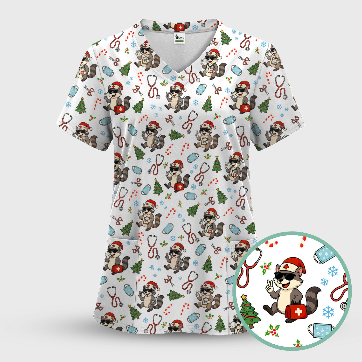 Cute Raccoon Christmas Scrub Top - Santa Hat and Stethoscope Pattern Nurse Scrubs - Funny Holiday Medical Shirt Gift for RN CNA LPN