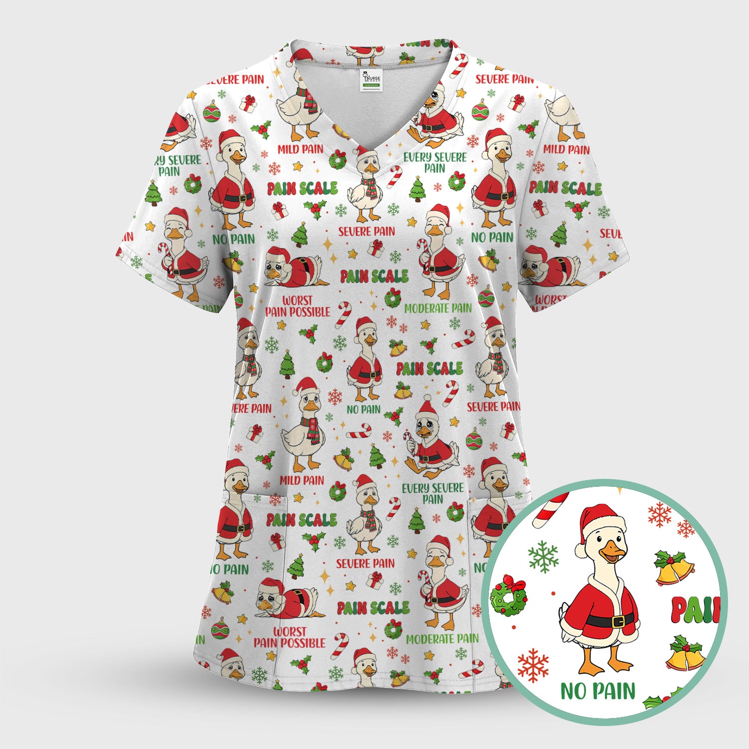 Funny Goose Christmas Scrub Set - Pain Scale Scrubs Pants and V Neck Top - Cute Holiday Medical Uniform for Women