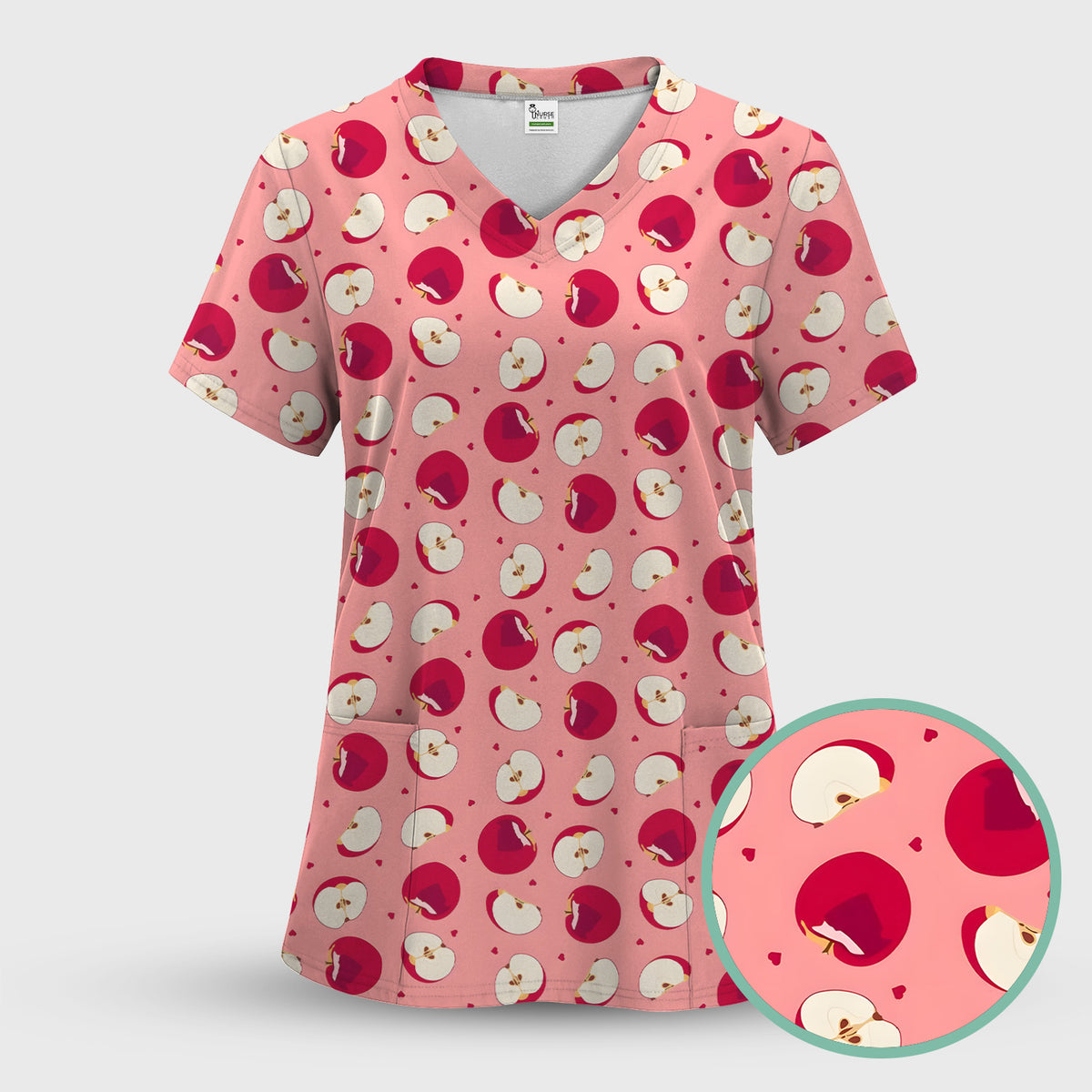 Cute Red Apple Fruit Pattern Scrubs Top, Comfortable Scrubs for Nurses