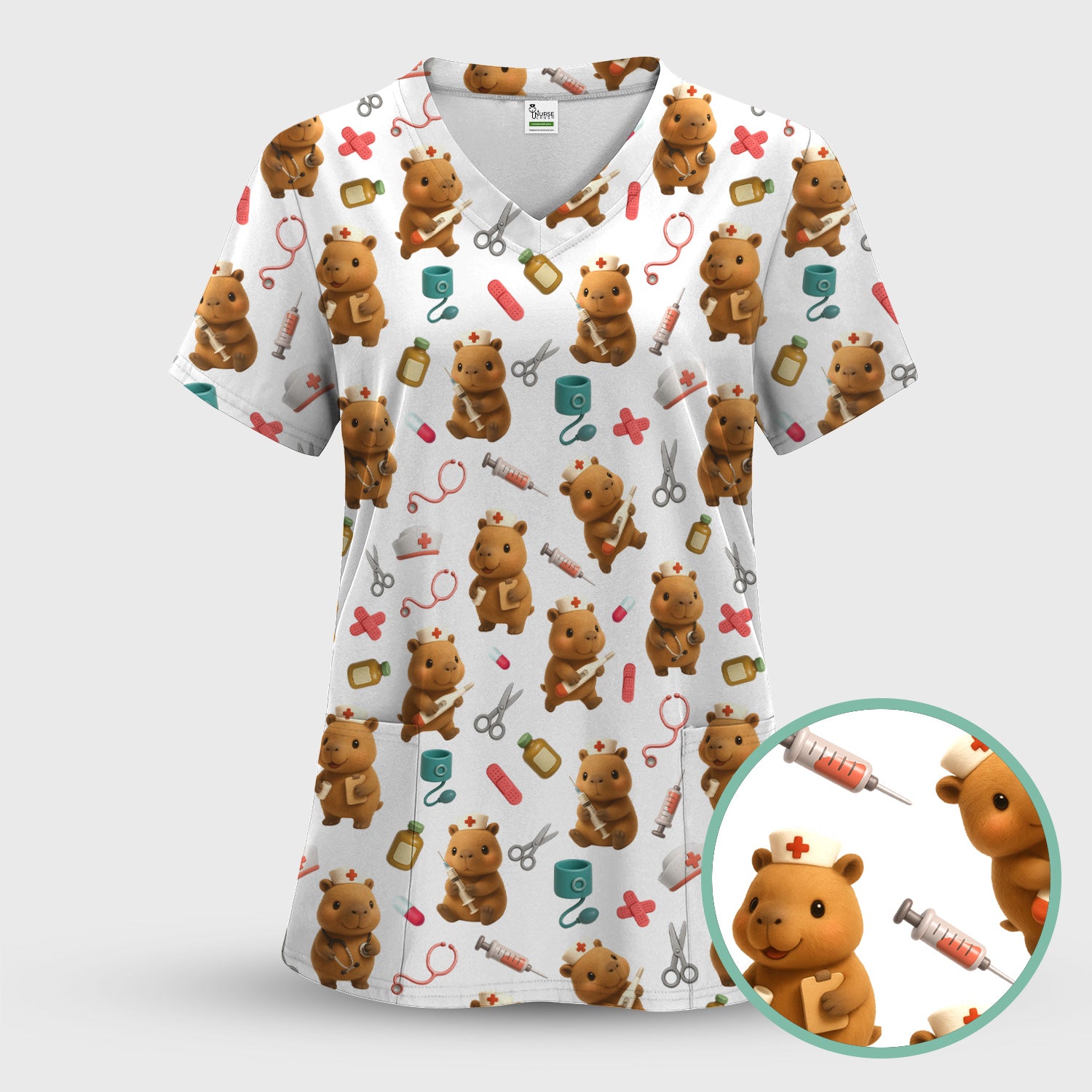Funny Bear Scrub Top for Women - Nurse Hat and Syringe Pattern Medical Scrubs - Cute Teddy Nurse Shirt Gift for RN CNA LPN