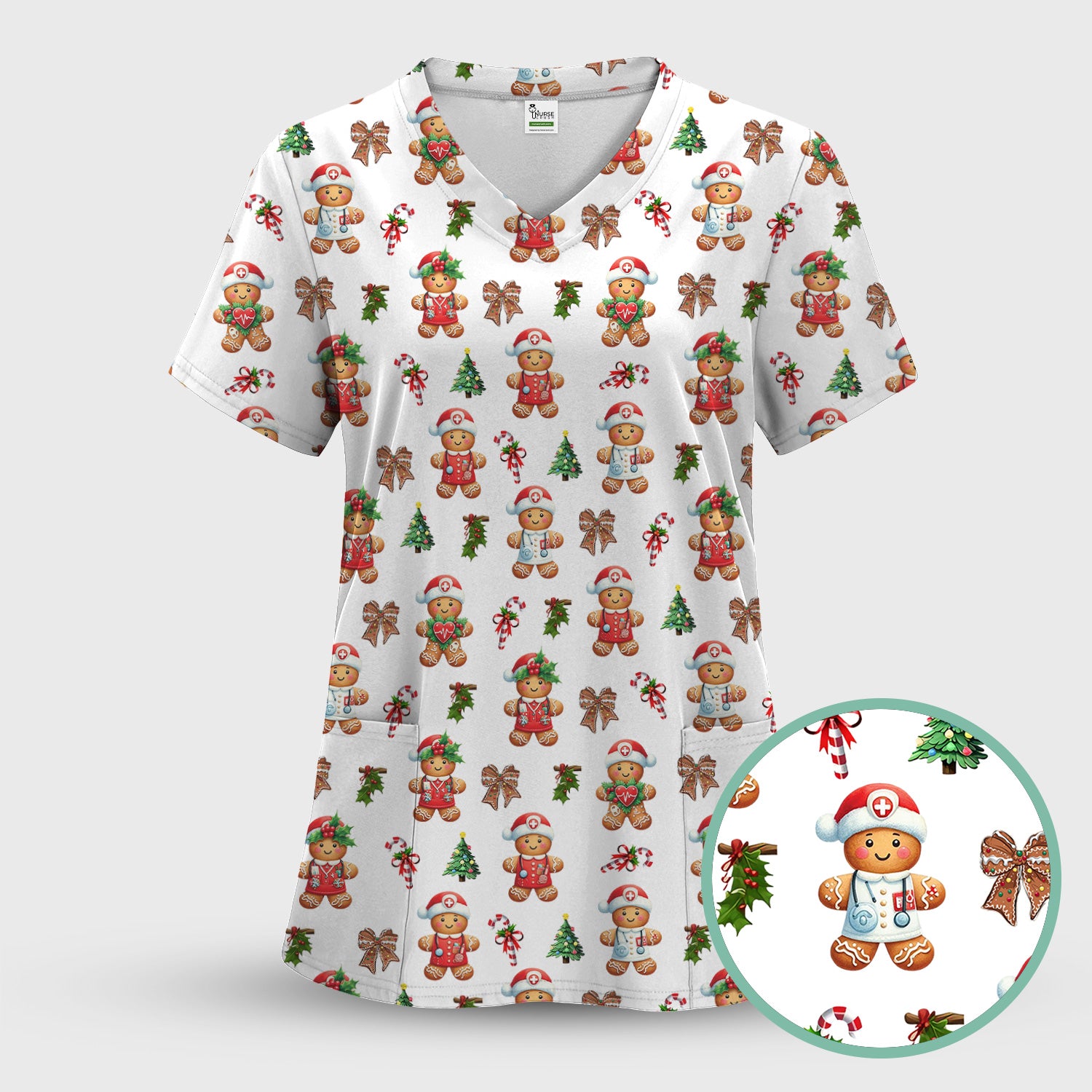 Funny Christmas Scrub Top for Nurse - Adorable Gingerbread Candy Cane Bow- Festive Medical Uniform for Women