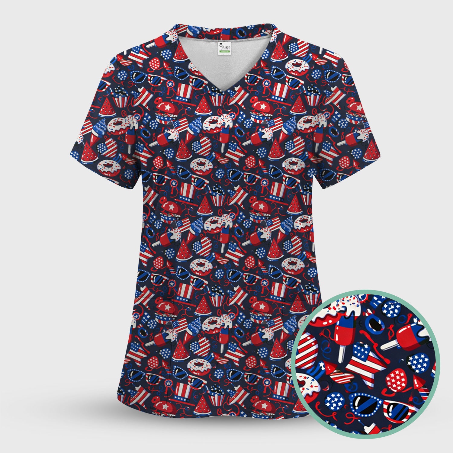 Cute Patriotic Print V Neck Scrub Set for Healthcare Workers, Red Blue Uniform