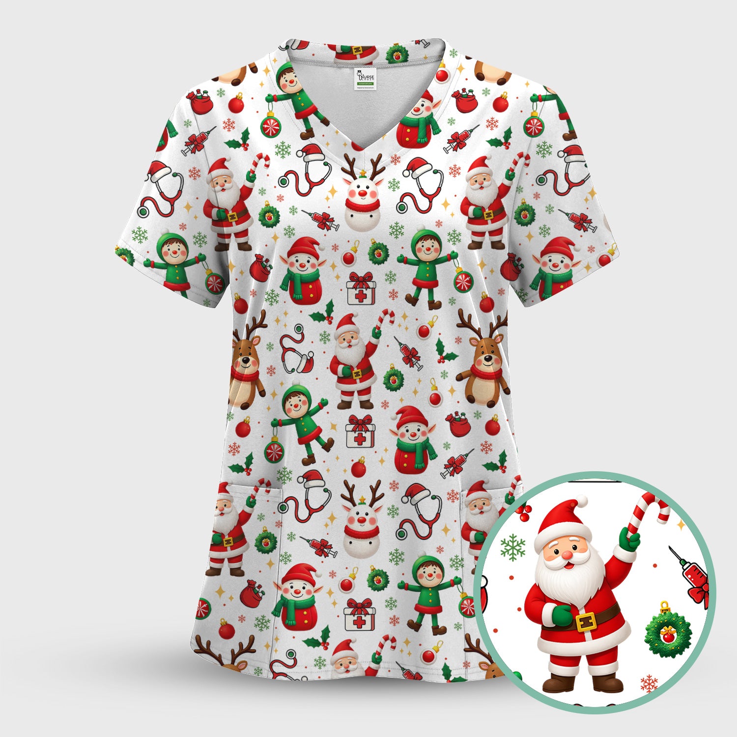 Santa Christmas Scrub Top - Cute Holiday Nurse Medical Shirt - Festive Reindeer Med Uniform for Women RN CNA LPN