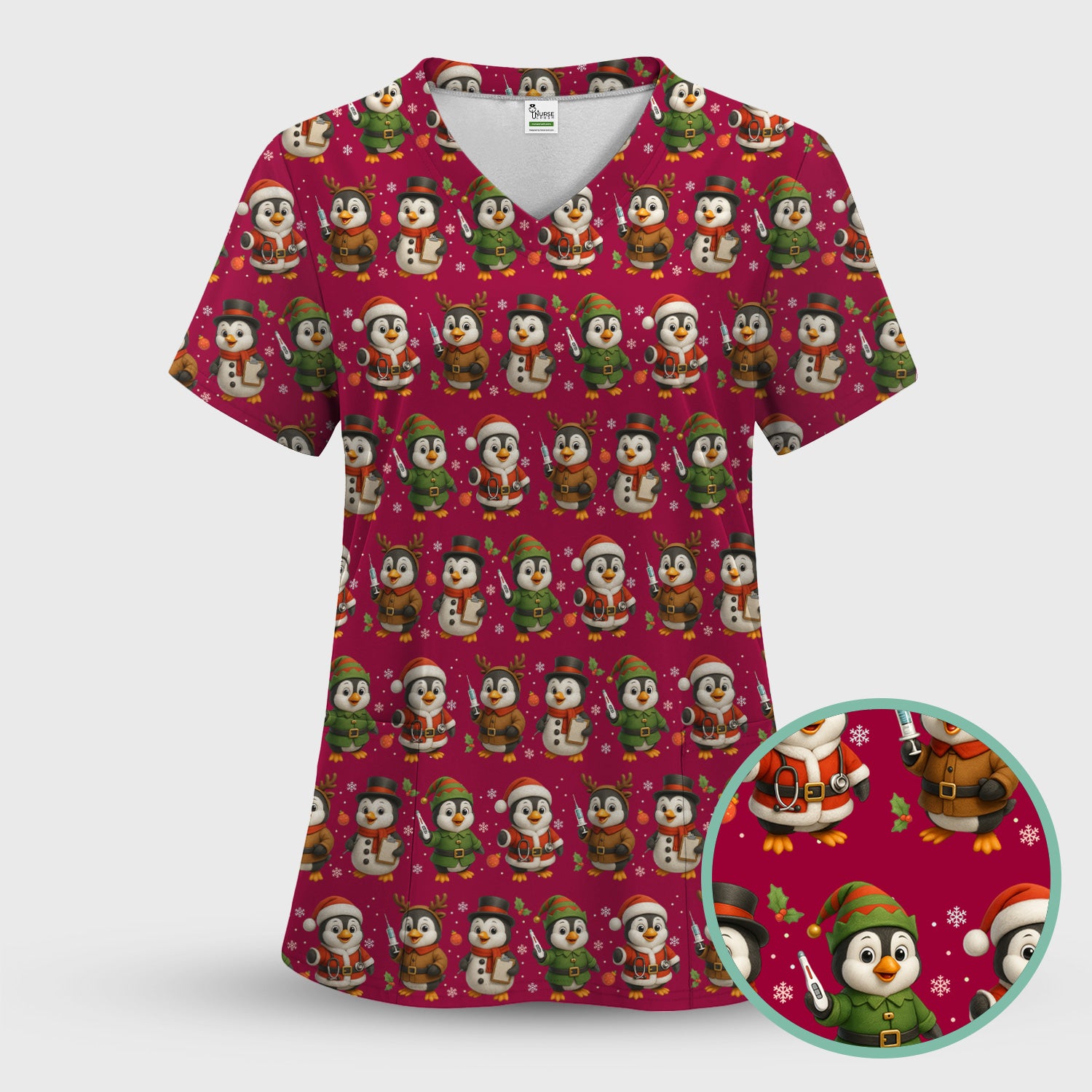 Penguin Christmas Scrubs Set - Adorable Holiday Pattern Scrub Top & Pants - Cute Penguin Scrubs for Women Christmas Season
