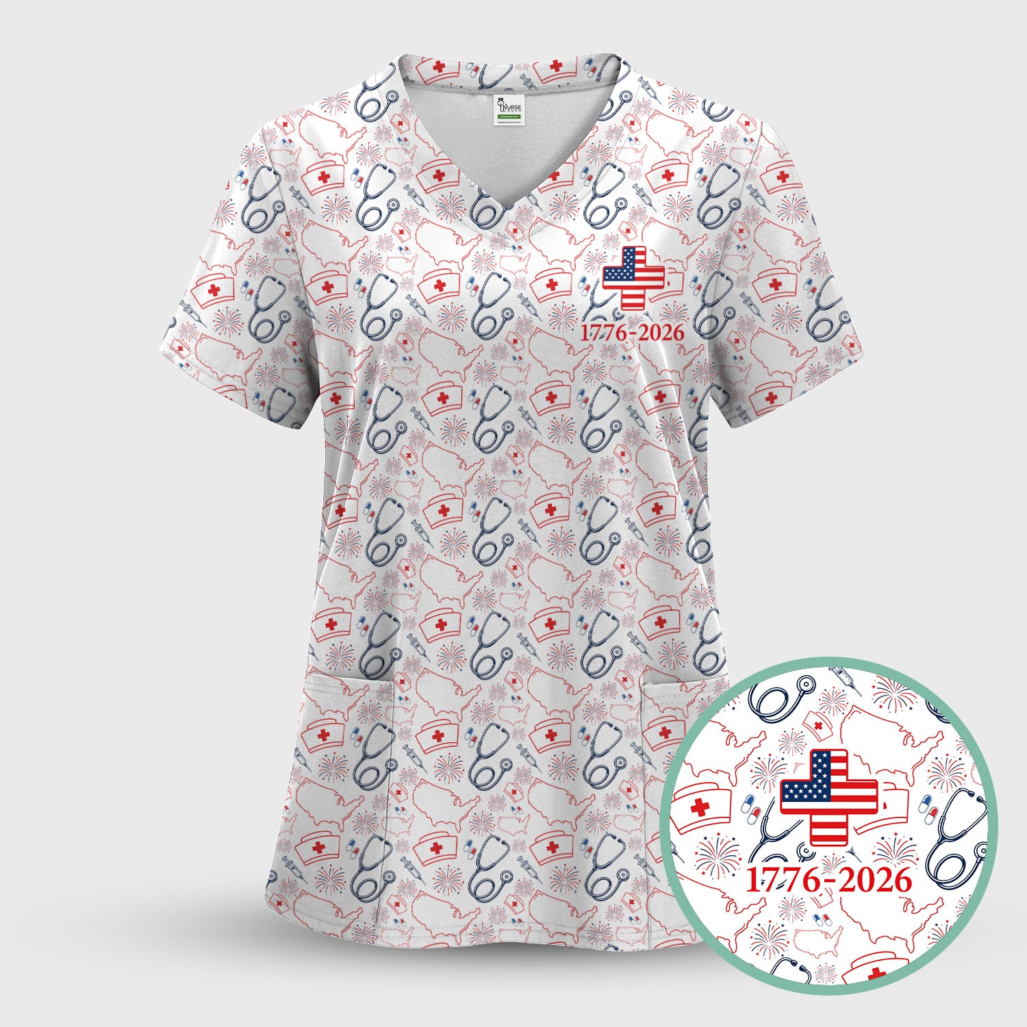 Patriotic Nurse Stethoscope Flag Pattern Scrub Set, Scrub Pants and V Neck Top