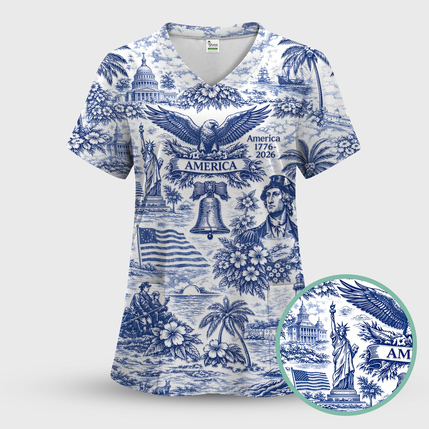 Patriotic America Heritage Toile Pattern Scrub Top, Breathable Fabrics Nursing Uniform