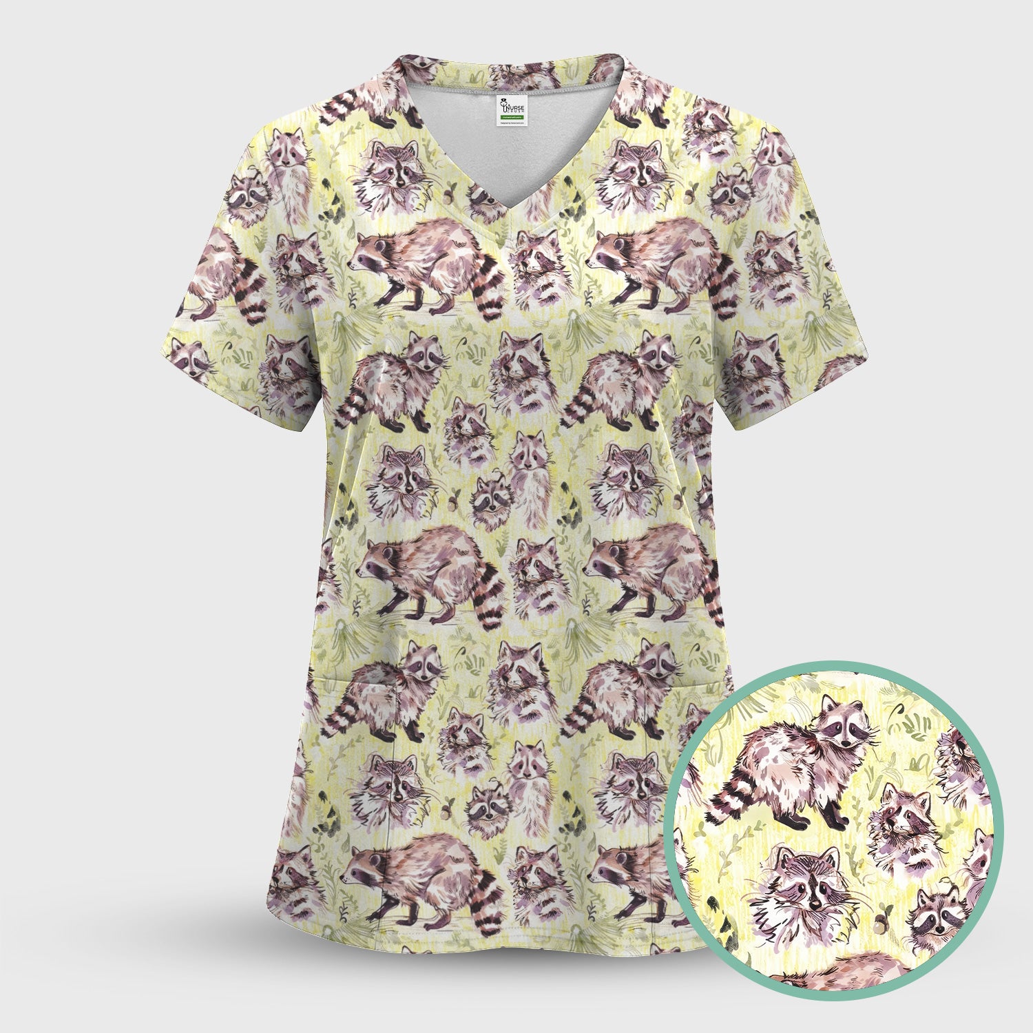 Cute Woodland Raccoon Forest Animal Pattern Scrub Set, Scrub Pants and V Neck Top