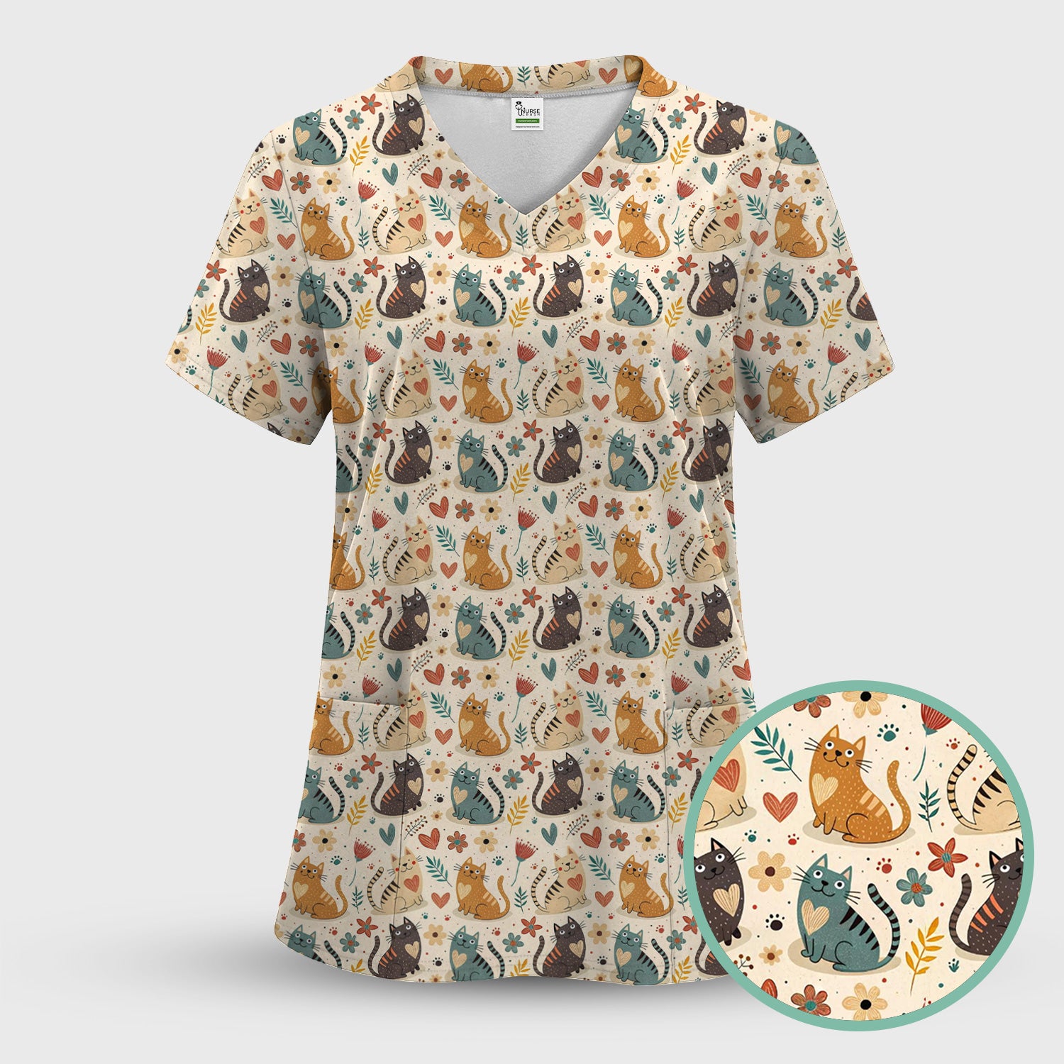 Cute Kitty Print V Neck Scrub Set for Nurses, Floral Medical Uniform