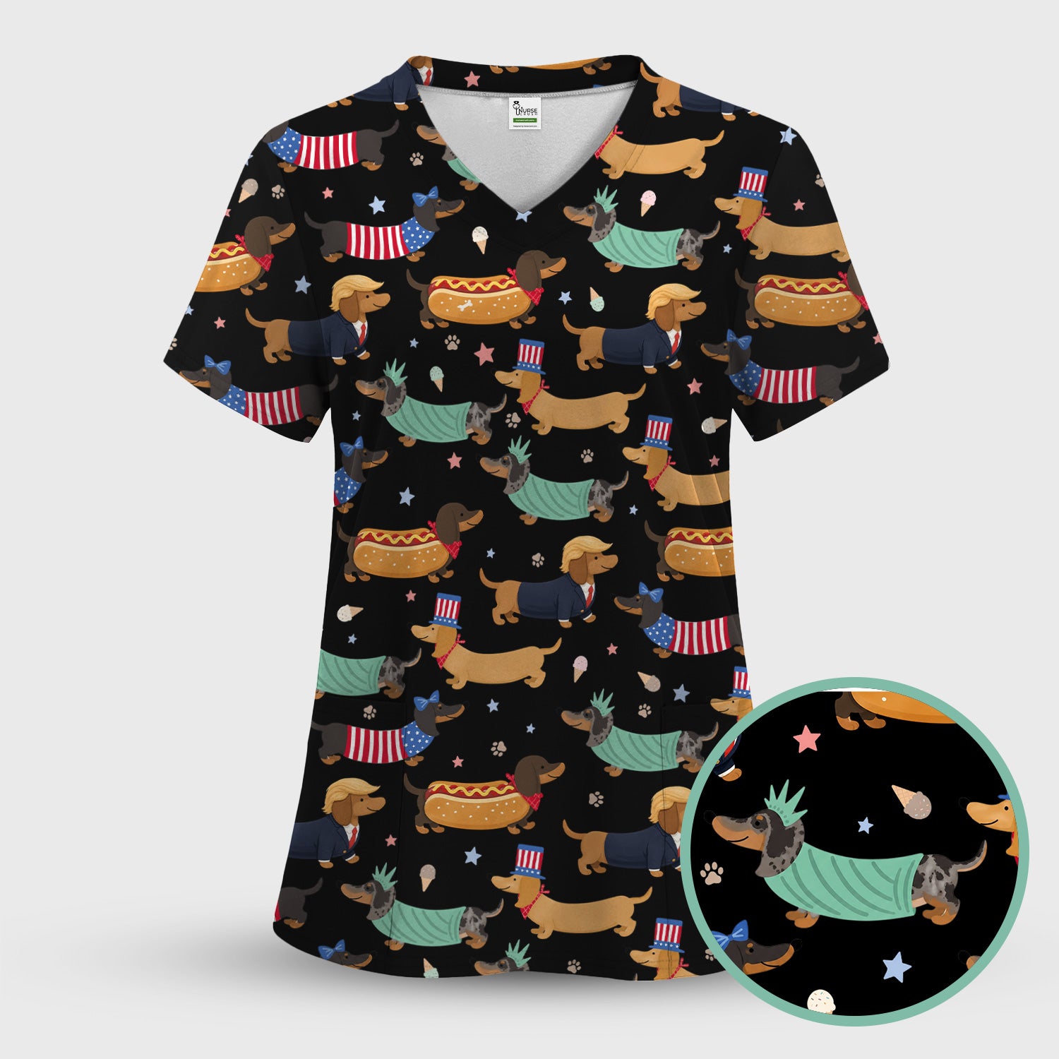 Funny Patriotic Dachshund Costume Dogs Scrub Set, Women's Scrub Sets