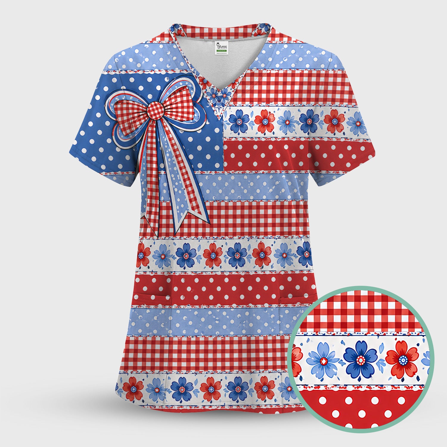 Patriotic Gingham Bow Floral Pattern Scrub Set, Scrub Pants and V Neck Top