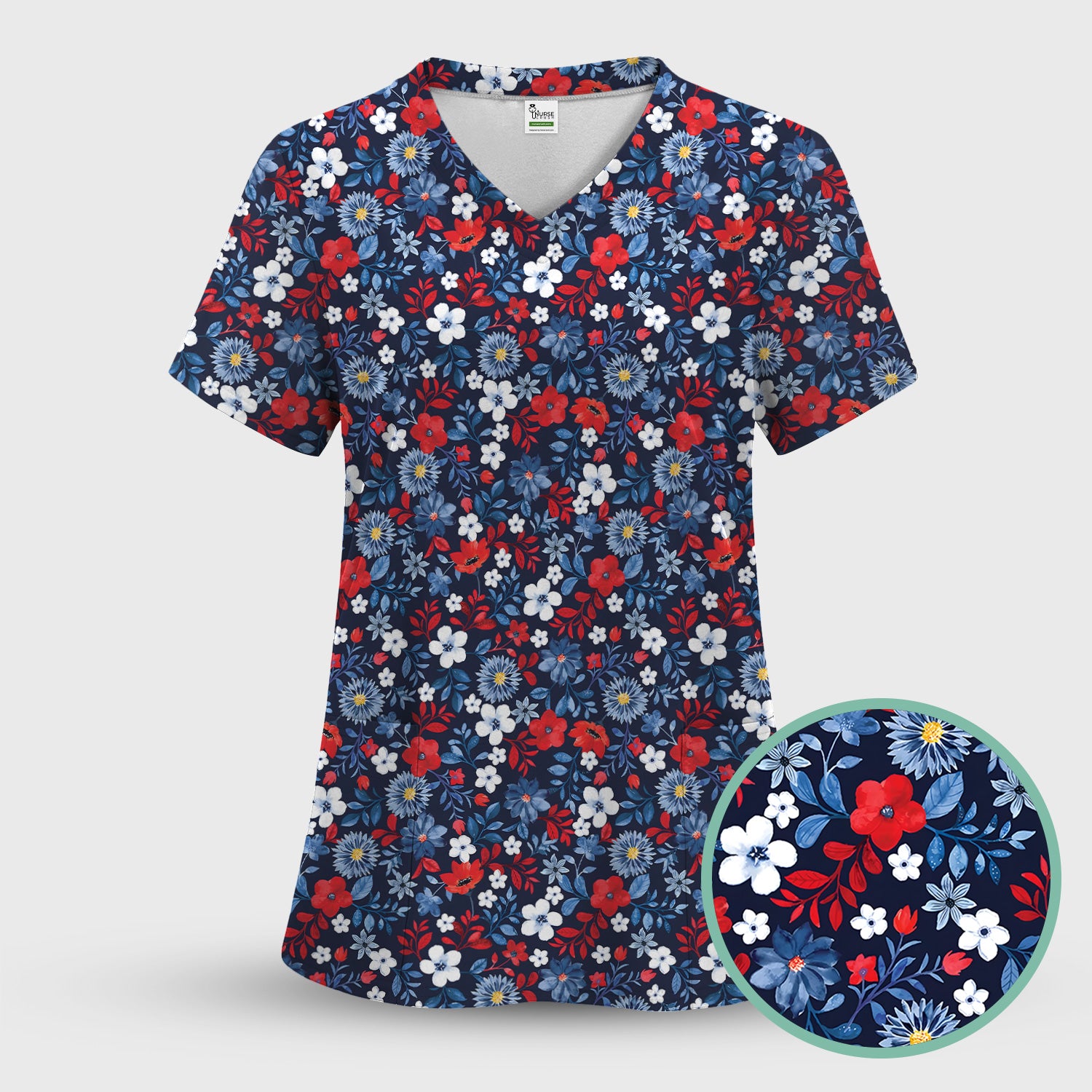 Classic Floral Print V Neck Scrub Top for Nurses, Blue Red Medical Uniform