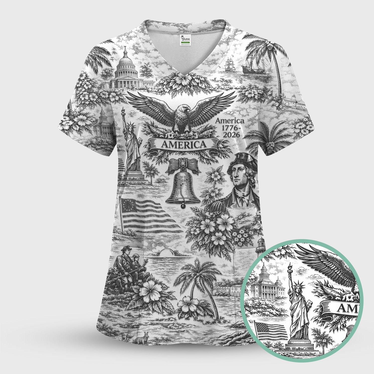 Patriotic America Heritage Toile Pattern Scrub Top, Breathable Fabrics Nursing Uniform