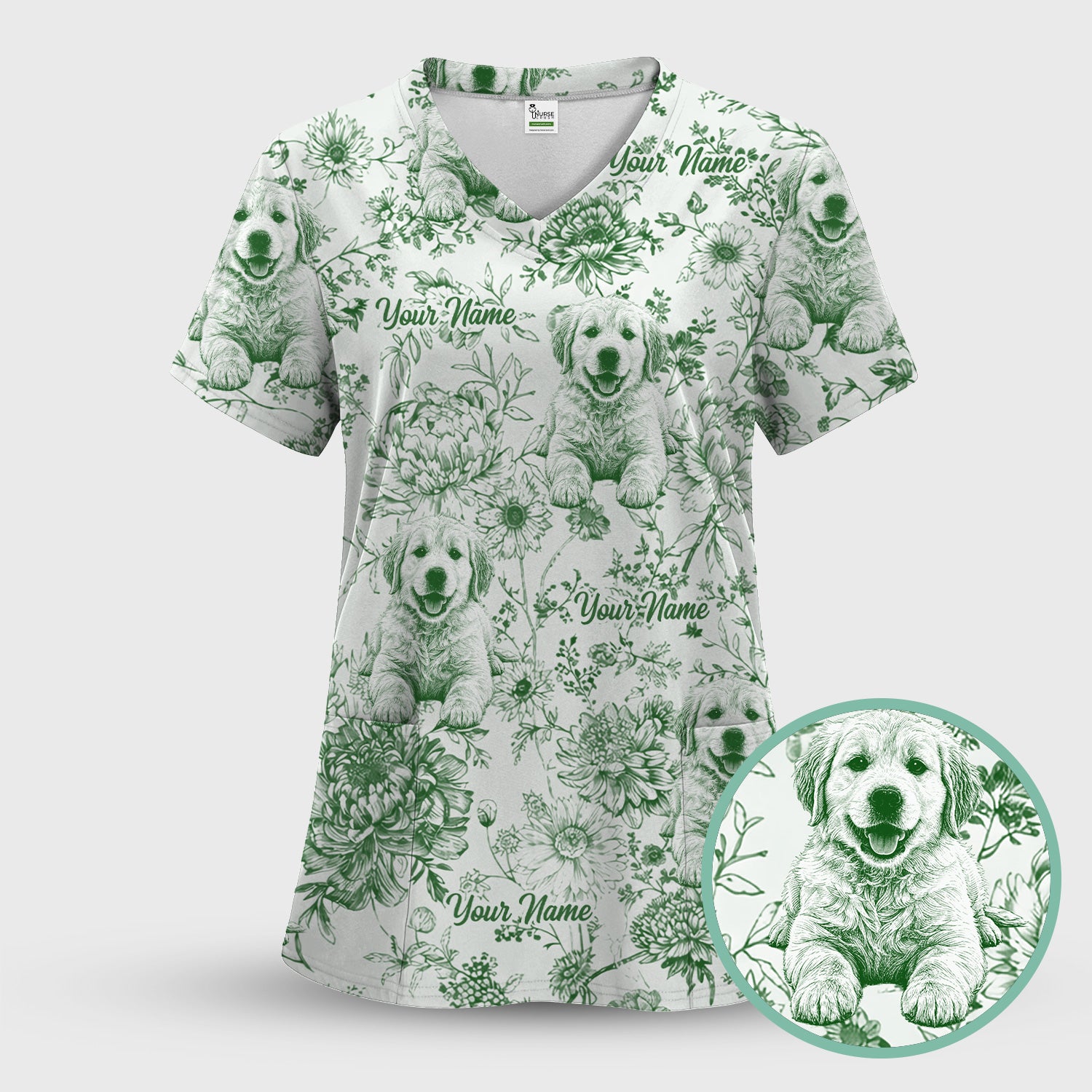 Personalized Custom Pet Photo Name Floral Pattern Scrub Top, Breathable Fabrics Nursing Uniform