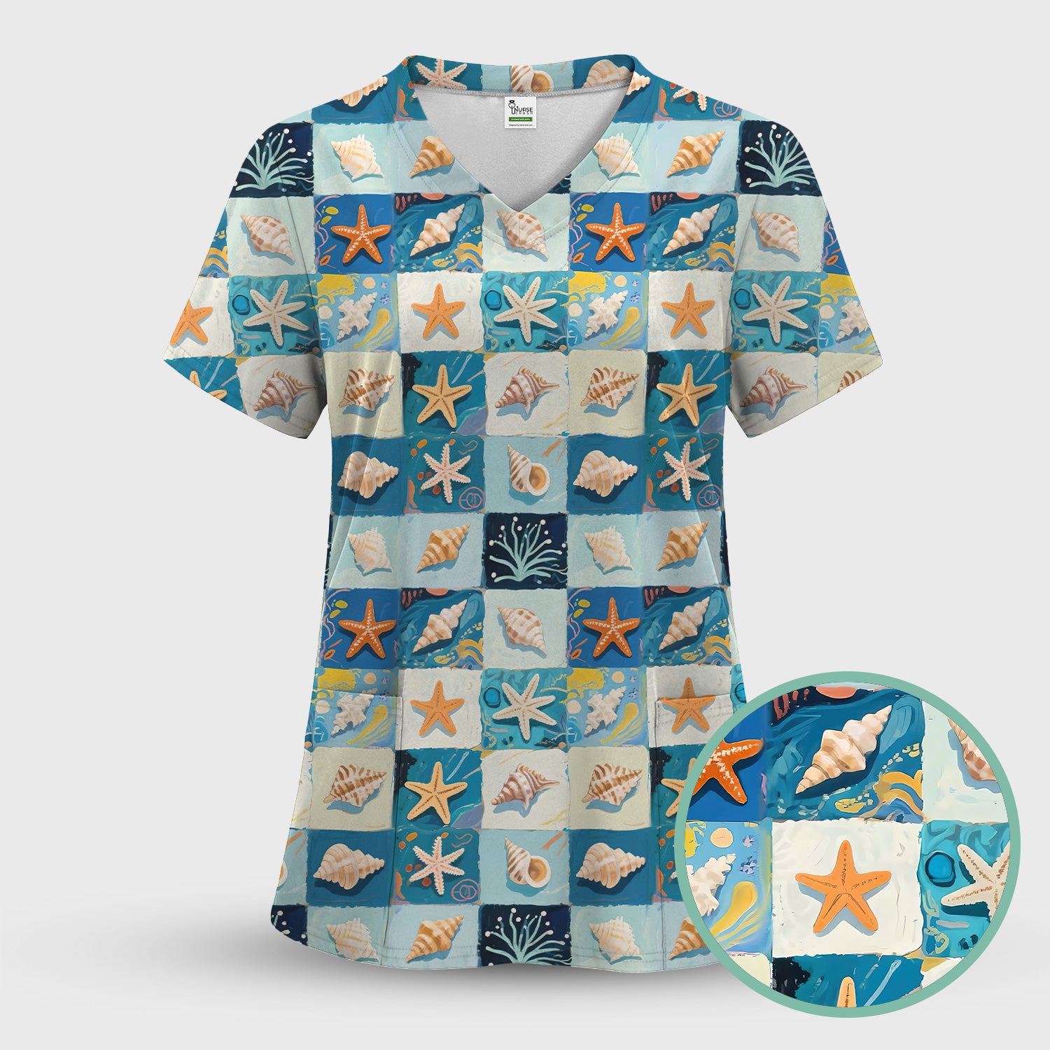 Cute Seashell Starfish Ocean Tile Pattern Scrub Top, Comfortable Scrubs for Nurses