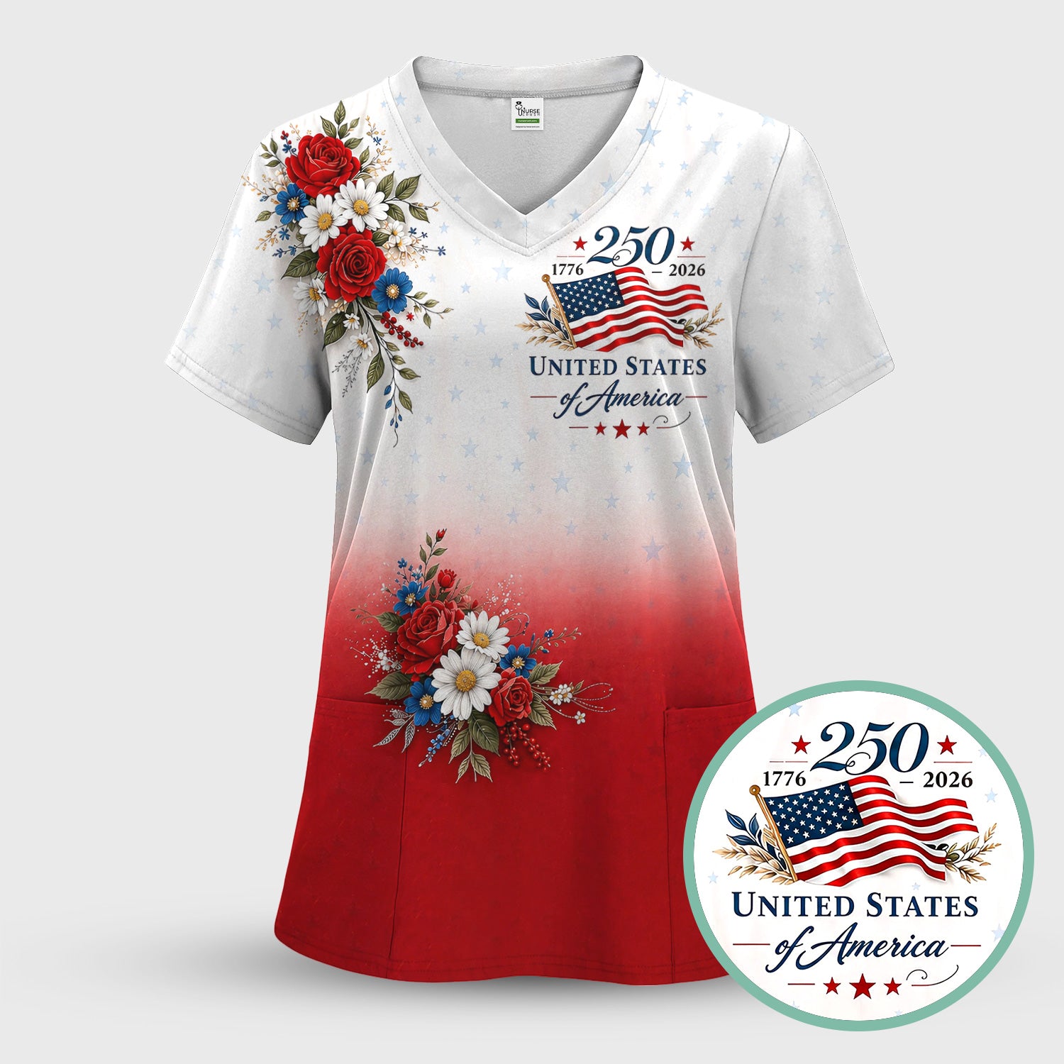Patriotic 250th Flag Floral Pattern Scrub Set, Scrub Pants and V Neck Top