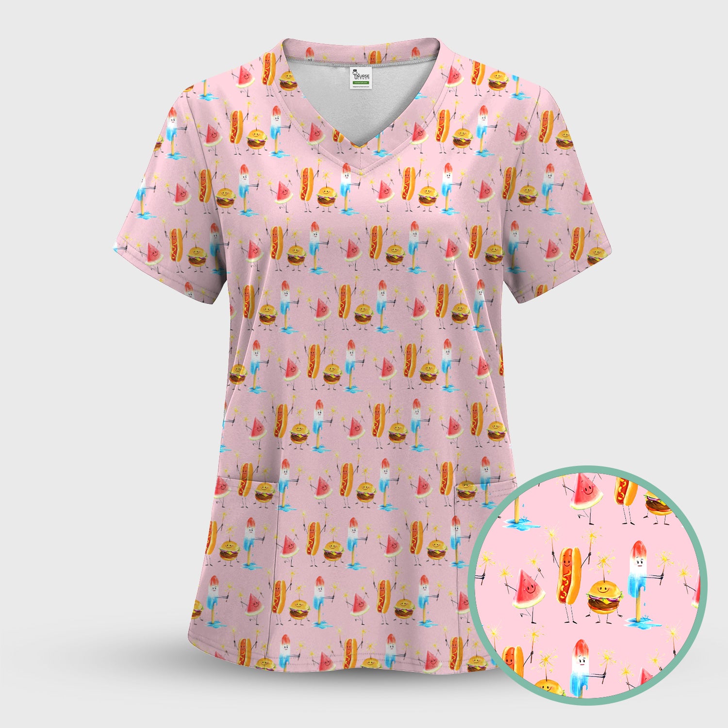 Funny Summer Food Icons Pattern Scrub Set, Breathable Fabrics Nursing Uniform