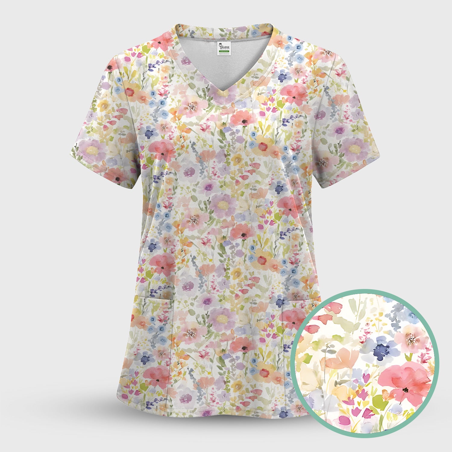 Pastel Watercolor Floral Nursing Scrub Shirt V-Neck Medical Work Top