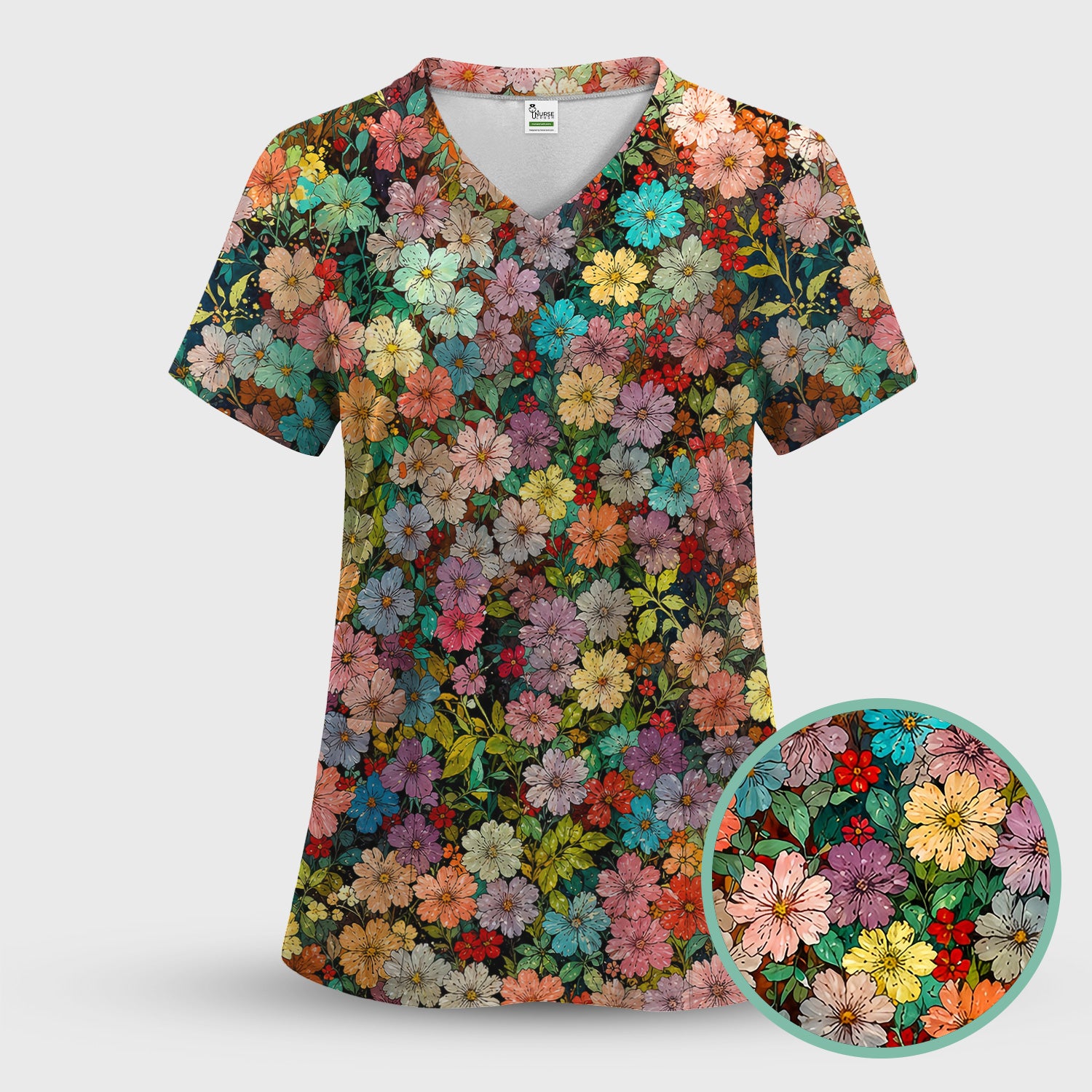 Colorful Wildflower Garden Bloom Pattern Scrub Top, Comfortable Scrubs for Nurses